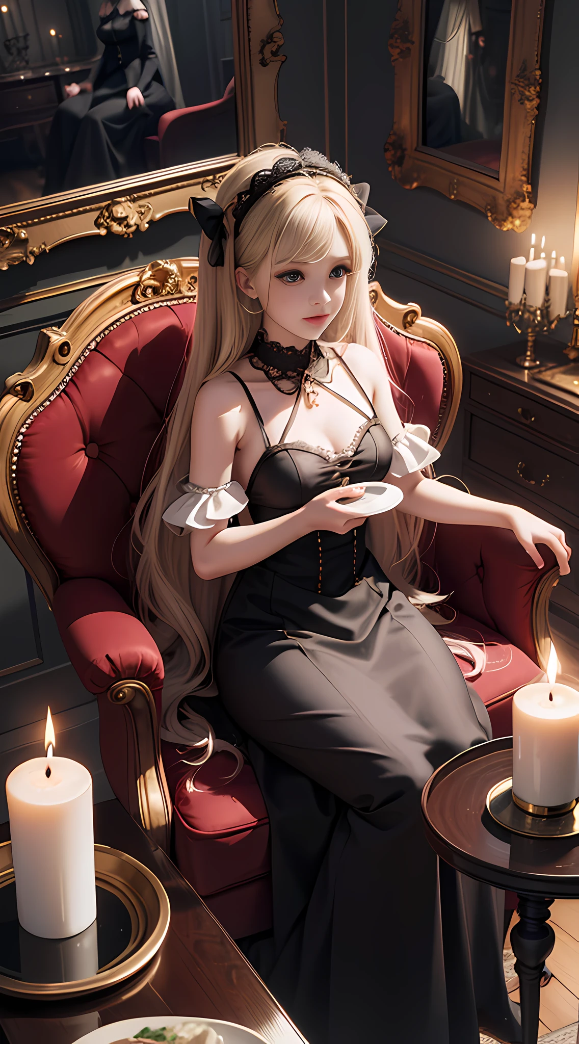 Doll sitting in chair in room with candle and mirror, 3D rendering inspired by WLOP, Polycount competition winner, magic realism, magical atmosphere + masterpiece, 8k octave render photo, 8k CG rendering, mouse in gothic studio, realistic fantasy rendering, ultra-realistic 8k octane photo, in a room full of candles, realistic, full body shot