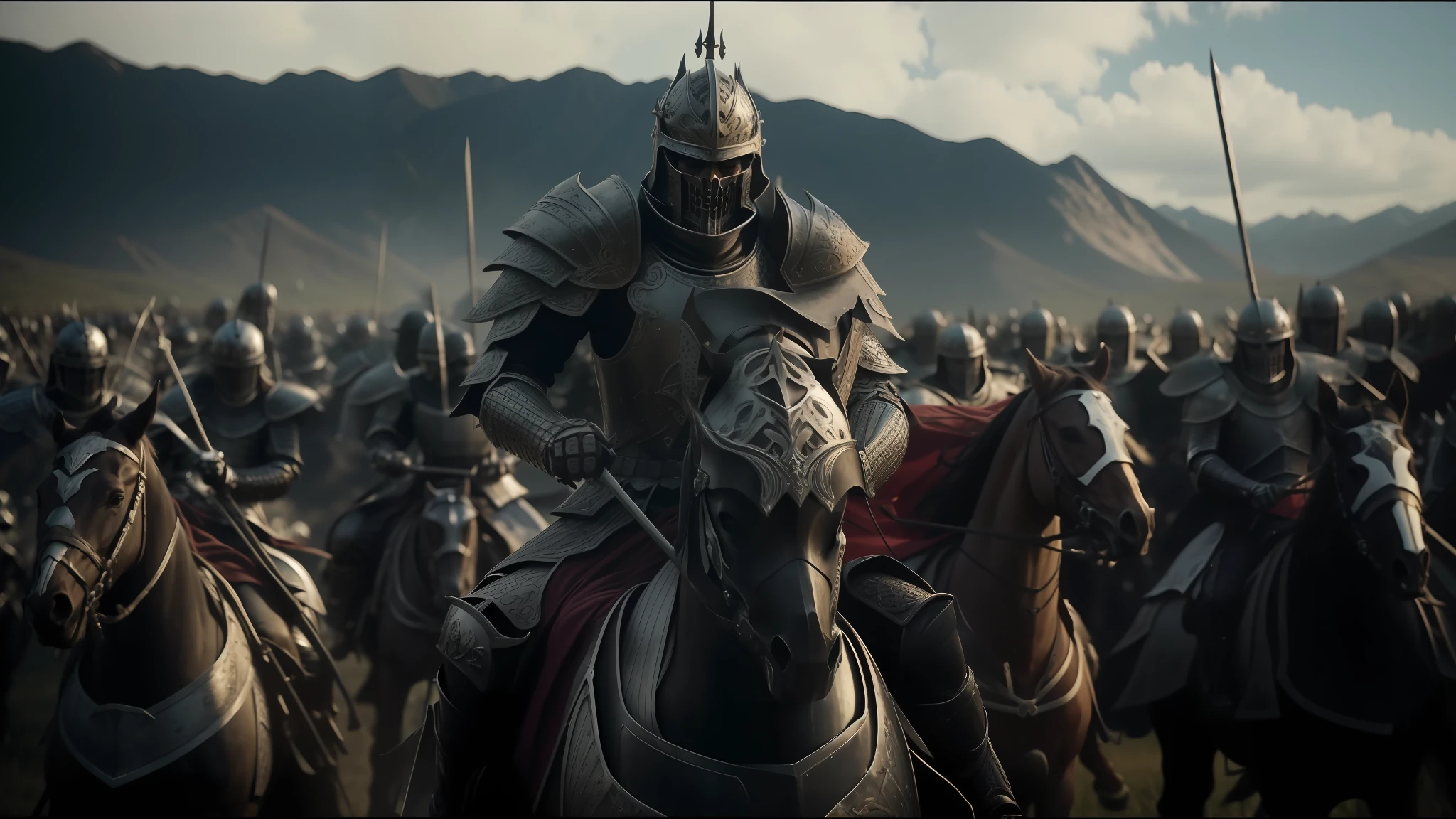 there are many people riding on a field with mountains in the background, berserk skullknight black armor, still image from the movie, enes dirig, elegant white armor, skeleton king, by Wang Jian, siege, tuba knight, by Kim Du-ryang, erwin olaf, the most epic