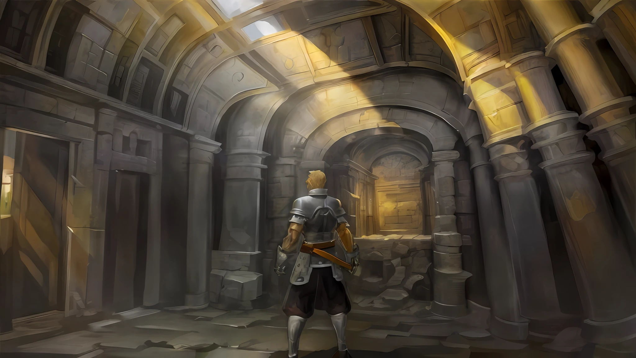 There is a man standing in a room with a sword, near the Crystal Temple of Atlantis, in an ancient vault, the entrance to Valhalla, a third-person action-adventure RPG, in the game