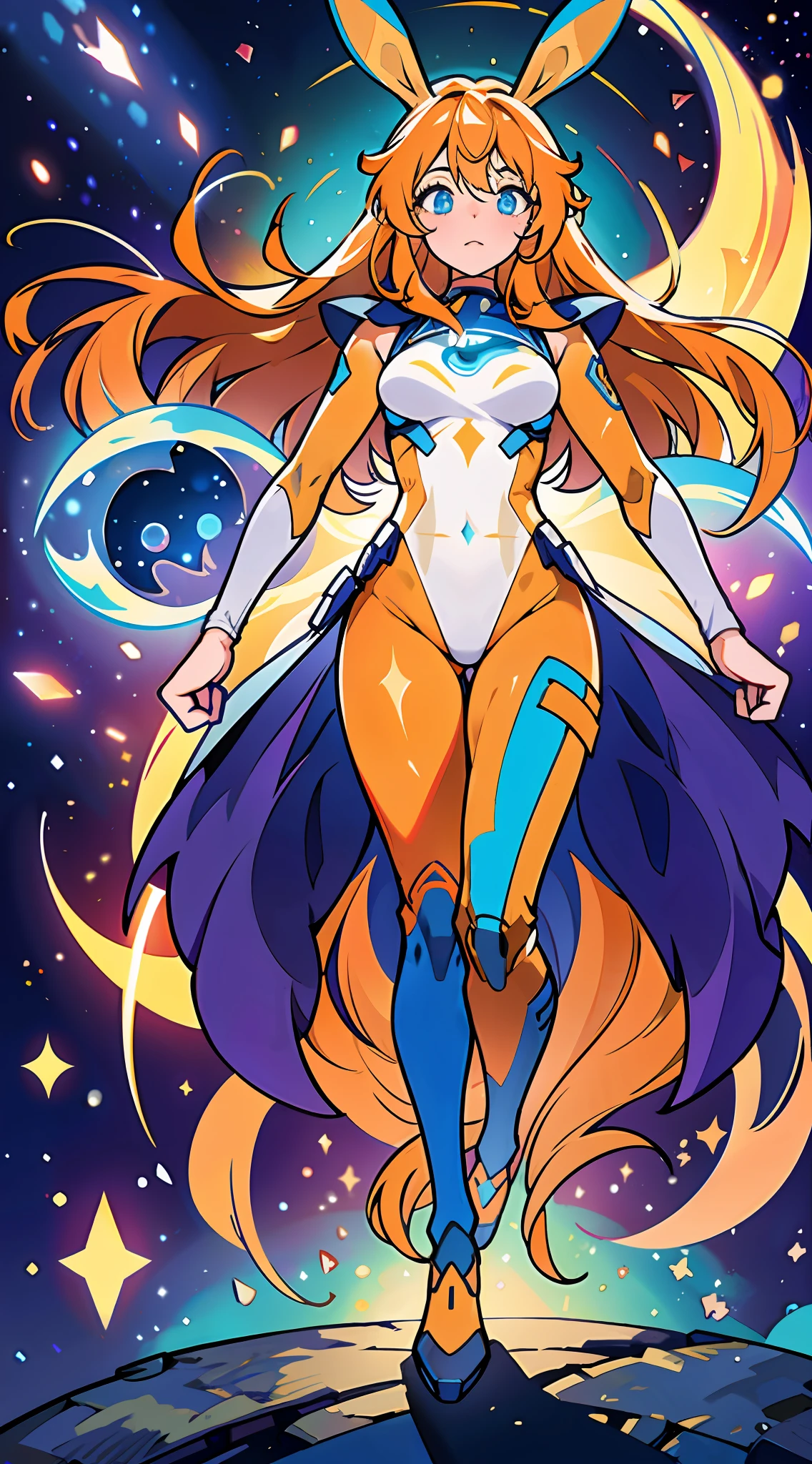 (absurdres, highres, ultra detailed), 1girl, full body, mature female, orange very long hair, blue eyes, white pupil, hero, power, blue spandex bodysuit, sleeveless, long orange rabbit ears, finely detailed eyes and detailed face, extremely detailed CG unity 8k wallpaper, intricate details, symmetrical patterns, vibrant colors, star shapes, dynamic composition BREAK , pantomime art, expressive body language, silent storytelling, evocative gestures, visual narratives, desert, colorful starry sky, fantasy spacestation, vibrant galaxy, peaceful scenery