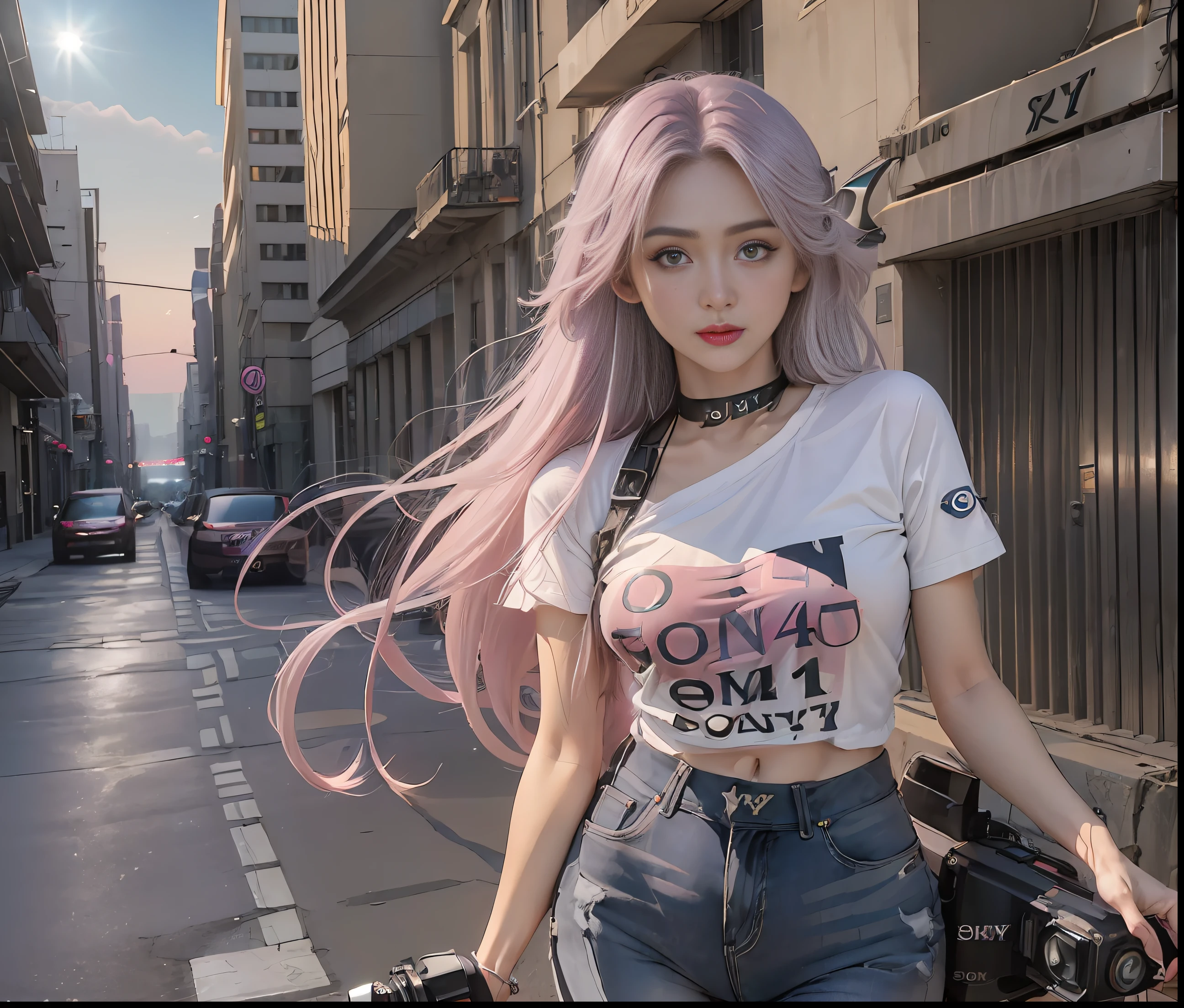 (masterpiece, best quality, 8K smooth, highres), 1girl, long light pink hair, big eyes, finely portrayed eyes, light purple glossy short sleeves on the upper body, light silver glossy jeans on the lower body, full body, Close-Up (CU), cinimatic Light, moonlight illuminating the city, hopeful,surrealism,(sony a7m4,F/2.3,80mm,RAW photo:1.6)