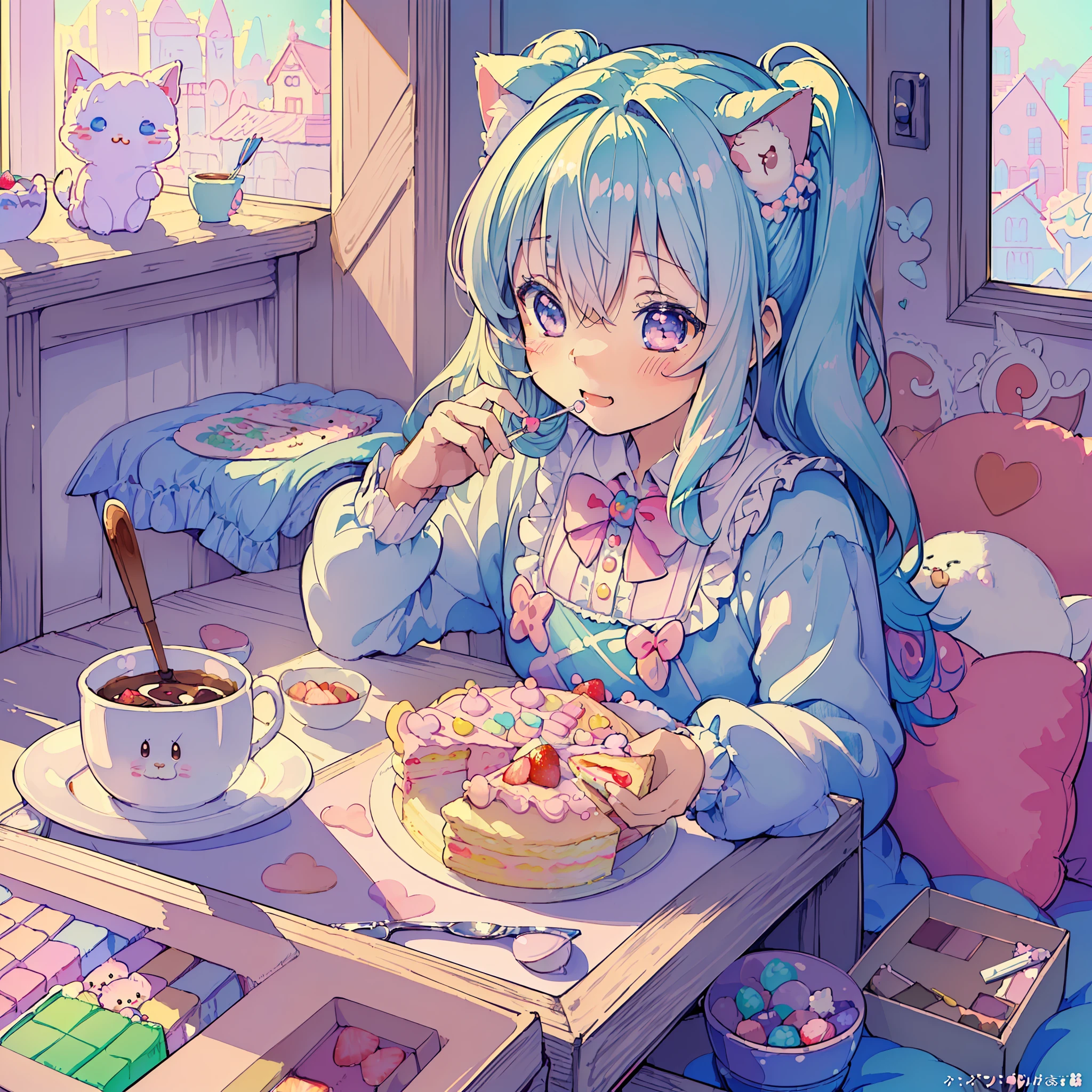 (masterpiece, top quality, best quality,kawaii illustration,cute illustration,:1.5), (pastel color:1.5),girl and kitten having breakfast, strawberry, blueberry, cake, coffee, breakfast, bright tone, kawaii, fluffy, fluffy, fluffy kitten, happy, soft, gentle sweetness, warmth, andite/pastel-mix