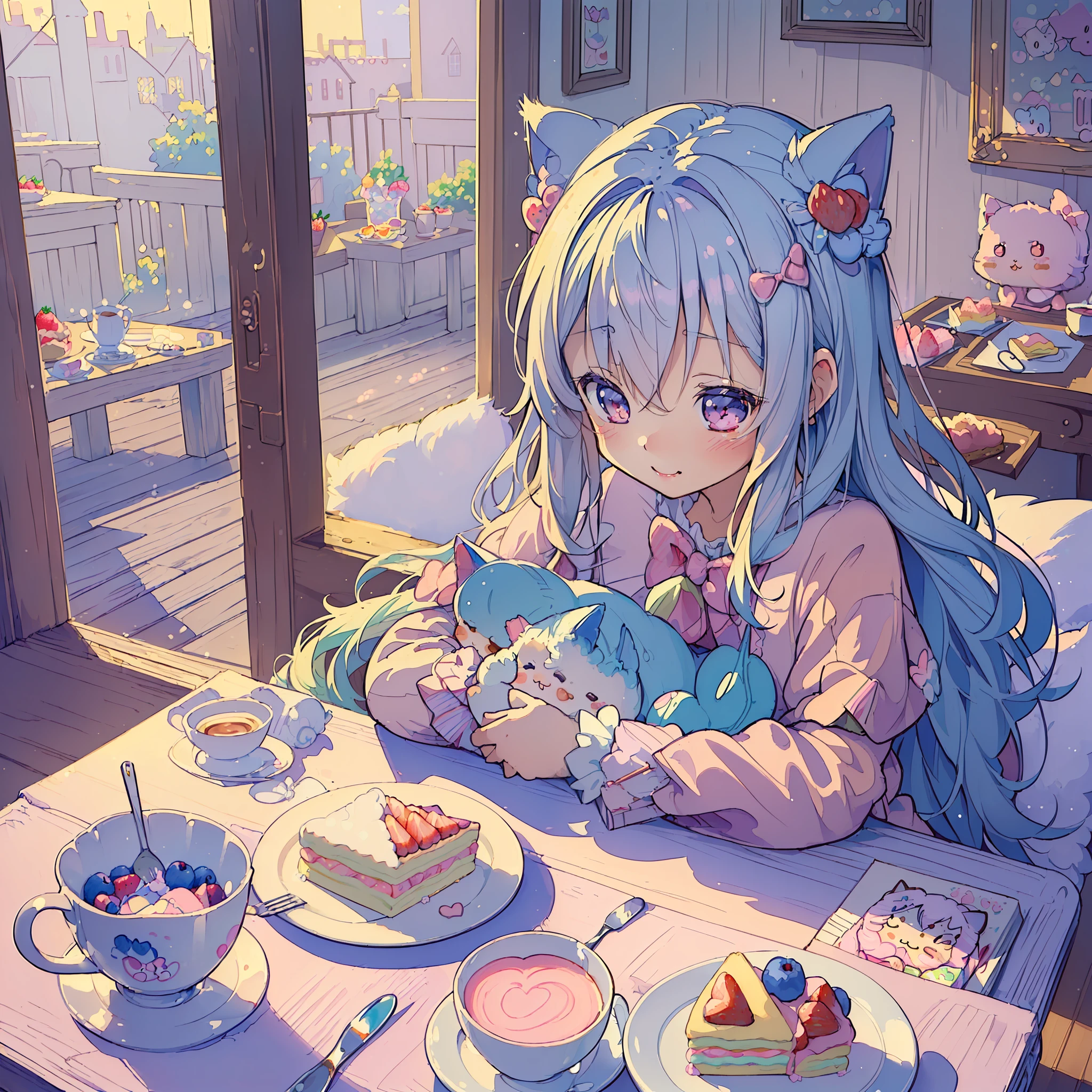 (masterpiece, top quality, best quality,kawaii illustration,cute illustration,:1.5), (pastel color:1.5),girl and kitten having breakfast, strawberry, blueberry, cake, coffee, breakfast, bright tone, kawaii, fluffy, fluffy, fluffy kitten, happy, soft, gentle sweetness, warmth, andite/pastel-mix