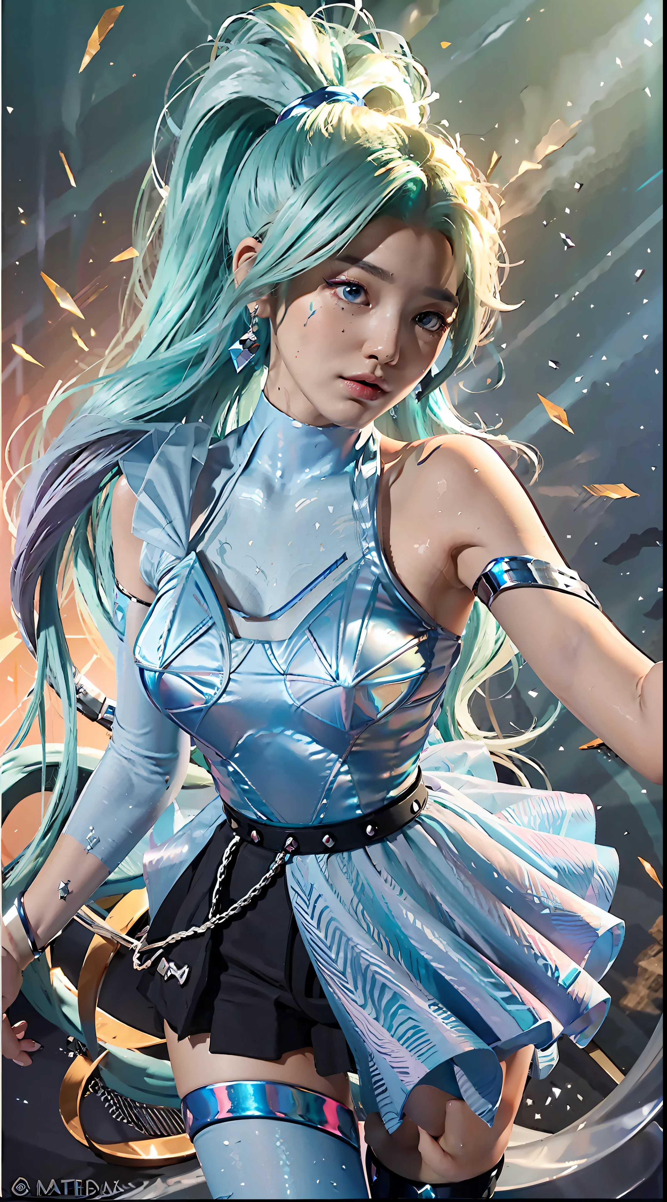 Sky, Field, Wheat, K/Da All Out Seraphine), League of Legends, K/Da \ (League of Legends), 1Girl, Solo, Aqua Green Hair, Gradient Hair, Blue Eyes, Lips, Long Hair, Long Ponytail, Ponytail, Earrings, Jewelry, Armbands, Bracelet, Ice Wings, Blue Dress, Layered Clothes, Black Skirt, One Shoulder Off-the-Shoulder, Long Stockings, Look to the Audience, Shoot from Above, Look at the Audience