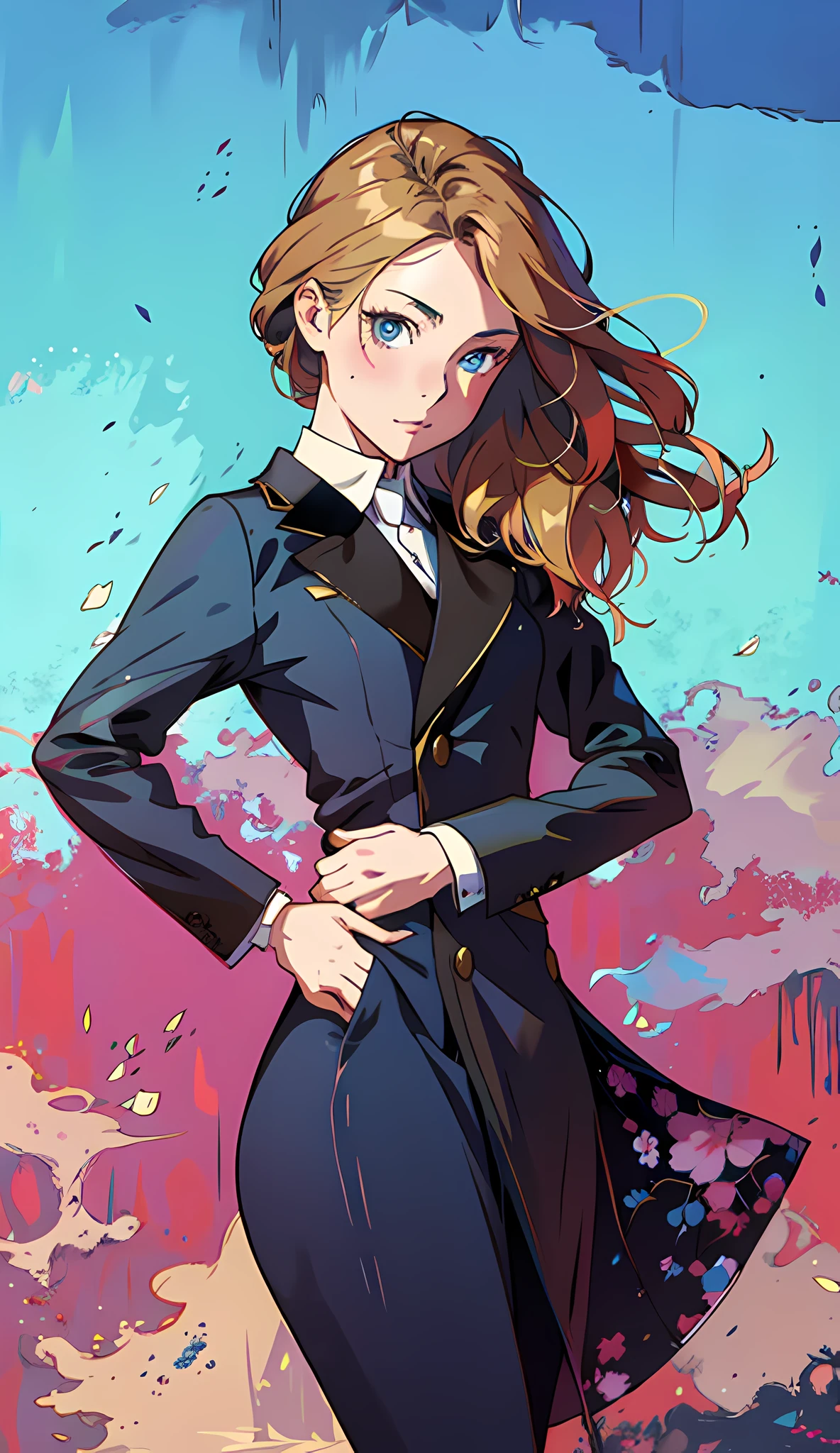 (Best Quality, Masterpiece), 1girl, a painting of a woman in a black dress and coat, beautiful character painting, girl in a suit, elegant digital art, in the art style of Bovotte, drawn in the studio of anime painter, girl in suit, produced with anime-painter studio, long-haired Ilya Kuvhinov, style art, epic elegant portrait