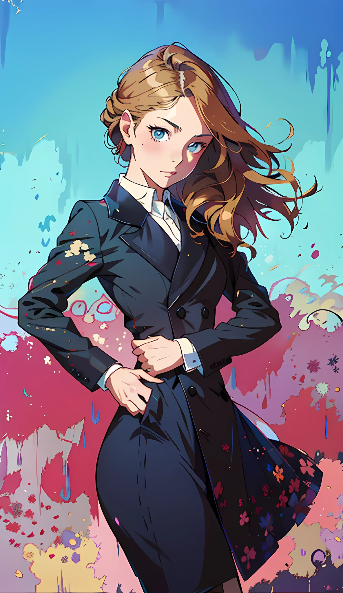 (Best Quality, Masterpiece), 1girl, a painting of a woman in a black dress and coat, beautiful character painting, girl in a suit, elegant digital art, in the art style of Bovotte, drawn in the studio of anime painter, girl in suit, produced with anime-painter studio, long-haired Ilya Kuvhinov, style art, epic elegant portrait