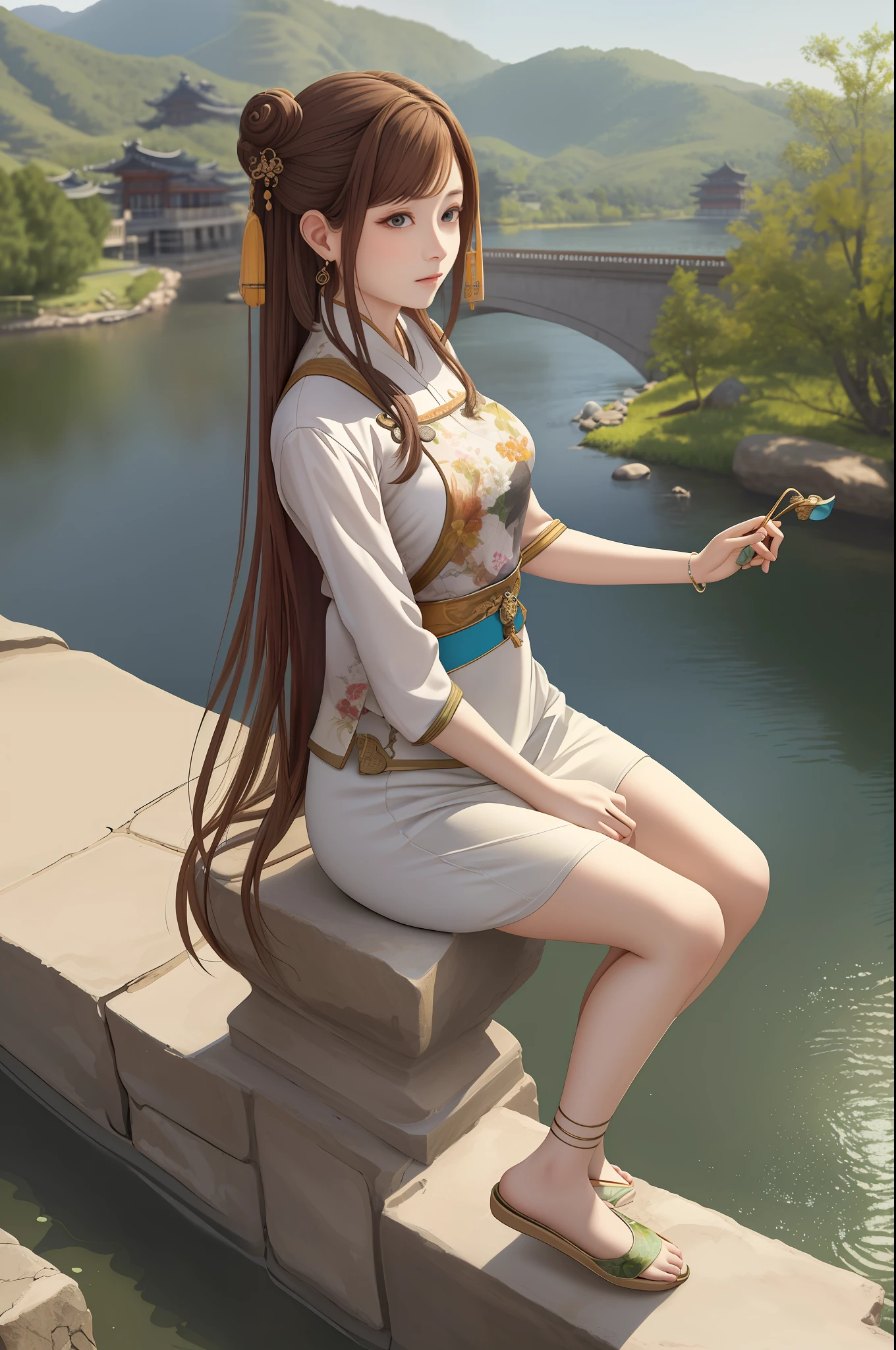upper body, oil painting, masterpiece, best quality, highres, long brown hair, jewelry hairpin, large breast,riverside and rock or temple or bridge, extremely clothes, sitting, (song Dynasty, song clothing:1.2),