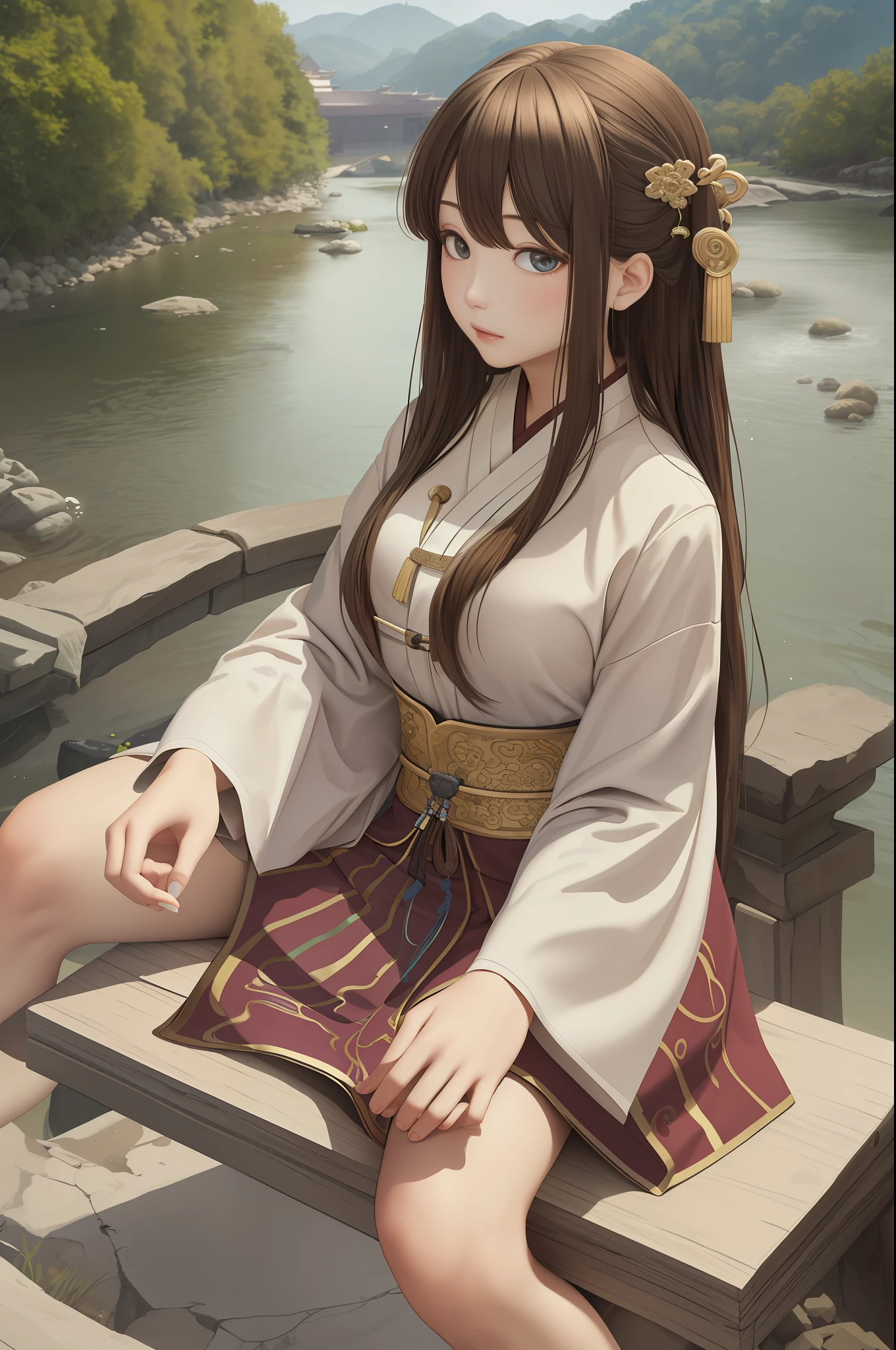 upper body, oil painting, masterpiece, best quality, highres, long brown hair, jewelry hairpin, large breast,riverside and rock or temple or bridge, extremely clothes, sitting, (song Dynasty, song clothing:1.2),