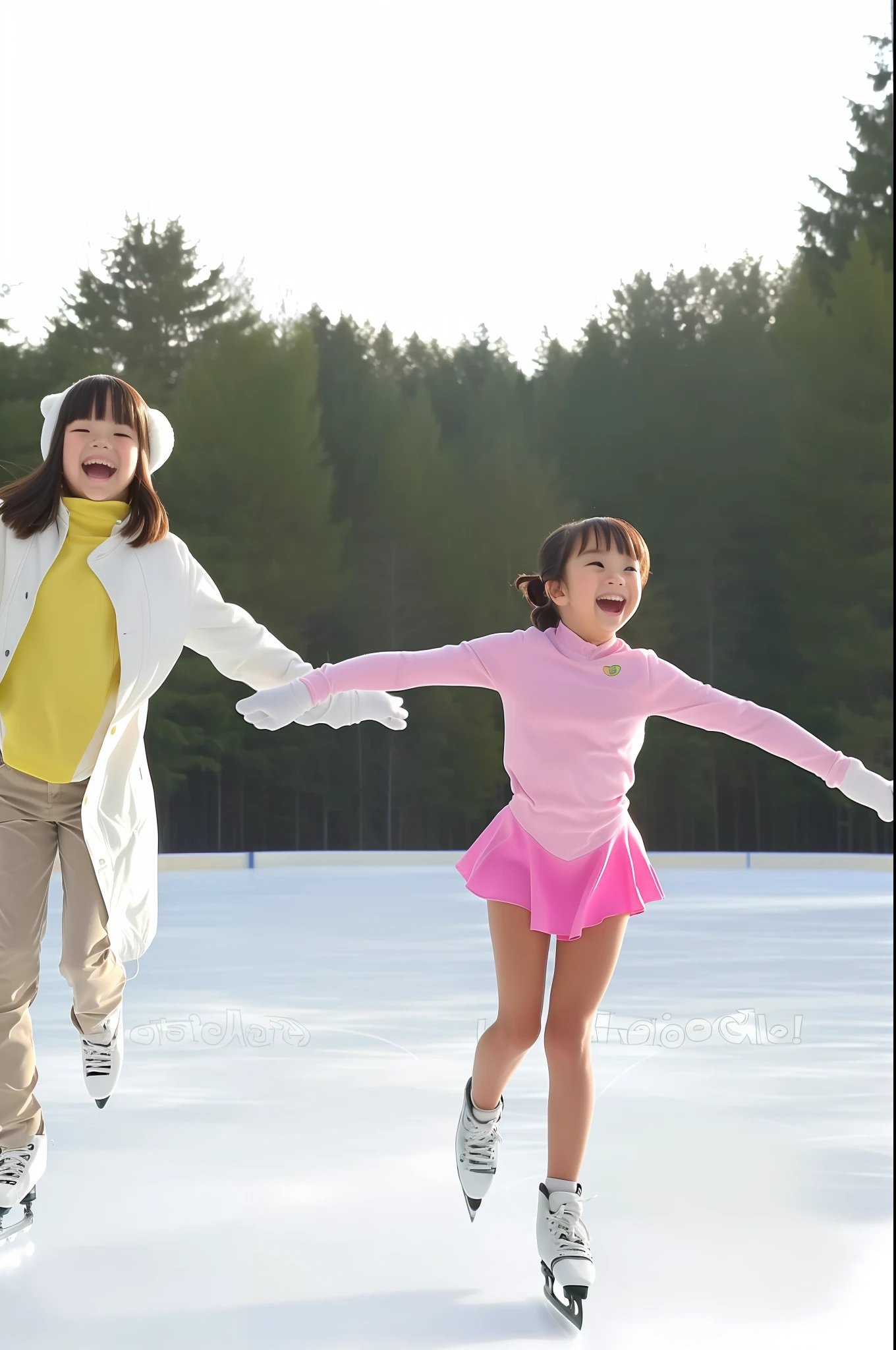 there are two young girls skating on a rink with trees in the background, medium wide shot, walking on ice, ; wide shot, subtitles, dynamic skating, bottom angle, 1786560639, 136412351, having fun, 2506921471, children, girl