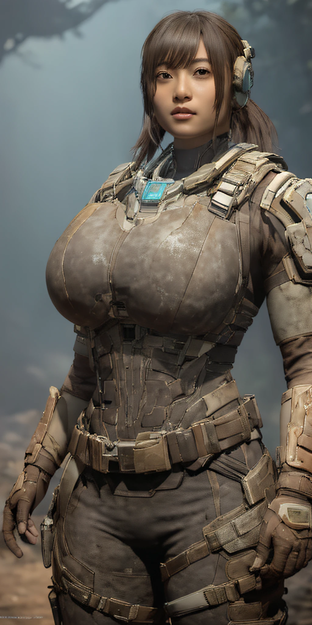 1 girl in dead space suit without helmet stands imposing in a USG Ishimura. (gigantic breasts:1.2), perfect body: 1.4, Slim abdomen: 1.3 , Moonlight highlights your muscles and scars. The scenery is lush and mysterious, with futuristic tech and surroundings. The camera details everything, a warrior woman, old and dirty copper armor, full body armor, This official art Unreal 8k wallpaper is a super detailed, beautiful and aesthetic masterpiece, the best quality, beautiful face,