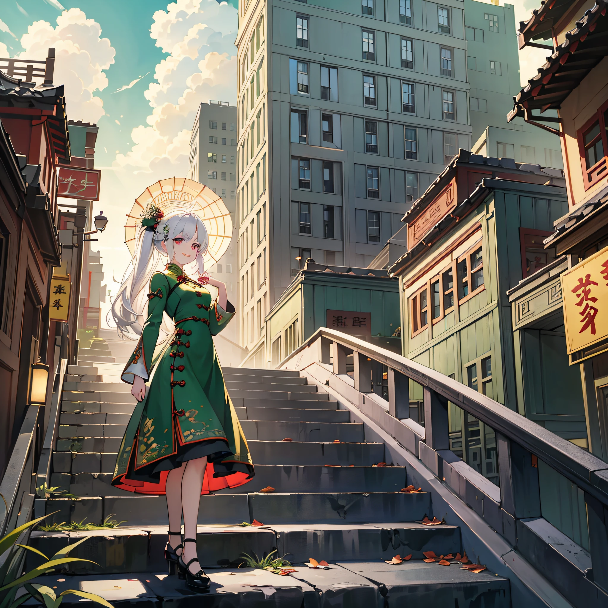 (Precious and rare tag: white hair: 1.5, charm tag: : 1.2, traditional tag: cheongsam: 1.1), best quality, ultra-detailed depiction, wonderful floating, wide view, bustling city, surrounded by clouds, city light influence, slightly yellowish tone, foggy background, white hair wearing a headdress, dark green with red edge cheongsam, leisurely steps, smile at the corners of the mouth, towards the camera. --auto --s2