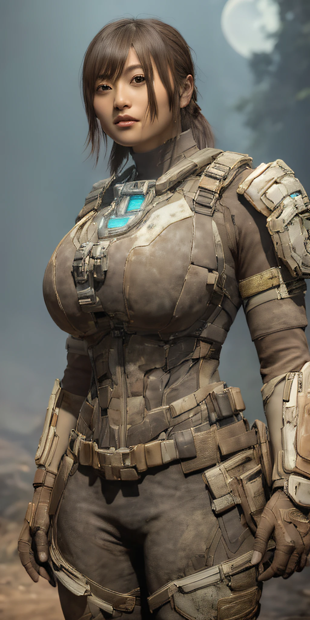 1 girl in dead space suit without helmet stands imposing in a USG Ishimura. (gigantic breasts:1.2), perfect body: 1.4, Slim abdomen: 1.3 , Moonlight highlights your muscles and scars. The scenery is lush and mysterious, with futuristic tech and surroundings. The camera details everything, a warrior woman, old and dirty copper armor, full body armor, This official art Unreal 8k wallpaper is a super detailed, beautiful and aesthetic masterpiece, the best quality, beautiful face,