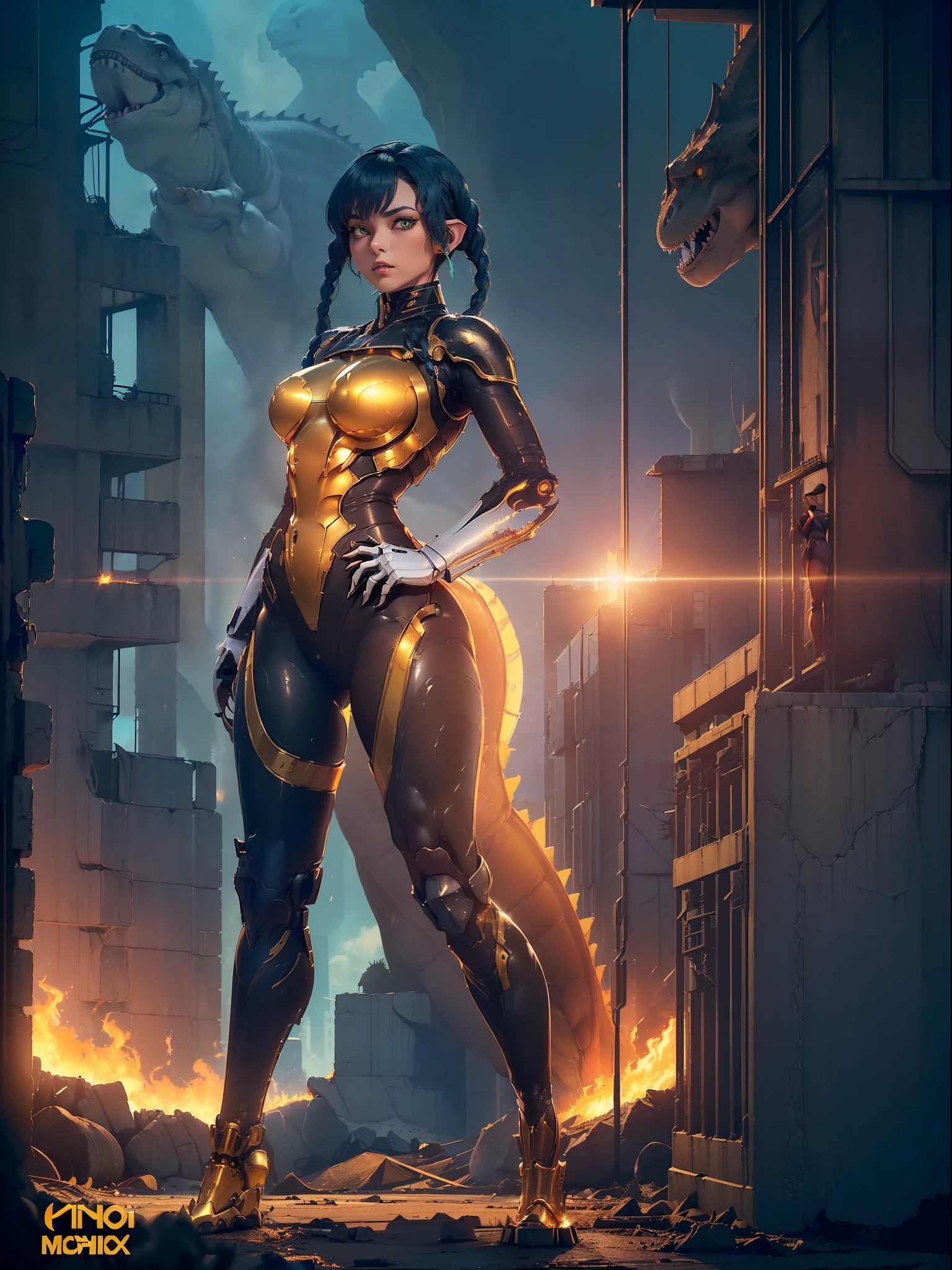 ((full body):1.5) (({1/woman}):1.4). Only {1/woman}:((Wearing black mecha with golden parts, extremely tight on the body):1.3). Only {1/woman} has ((very short blue hair with braids, green eyes):1.3). Only {1/woman} ((breasts extremely Only {1/woman}: ((doing sensual poses for the standing viewer):1.3). In a futuristic city completely destroyed with fire in the buildings and ((1 dino saurus tyrannosaurus rex mechá white with various mechanical parts):1.2) of only {1/woman}. anime, anime style, 16k, ((high quality, high details):1.3), UHD, masterpiece