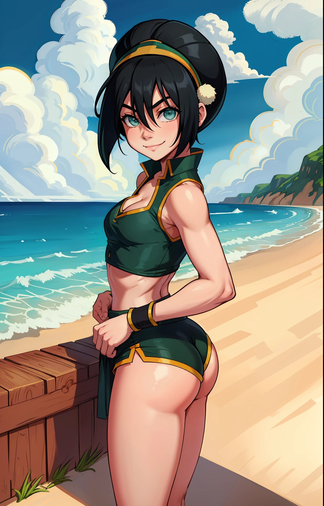 anime coloring pages, beach, blue sky, nature, 1girl, solo, black hair, hair band, short hair, hair between eyes, (blind: 1,2), green eyes, sports top, cleavage, (short shorts, black shorts), standing, back, smile, wide hips, firm ass