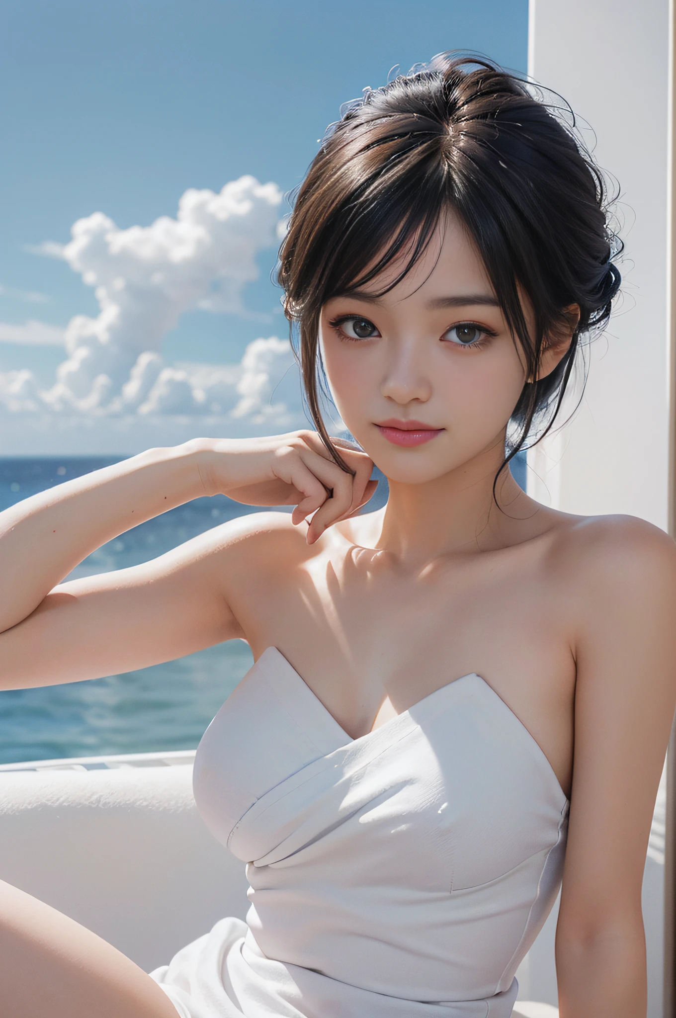 Best Quality, Ultra High Resolution, Masterpiece, Photo Realistic: 1.8, Pore, Precision, Blue Sky, White Clouds, Aegean, Bedroom,naked towels only, Pale Light, Young Woman, Japan, Short Hair, Birth of Venus, Naked, Overflowing Breasts, Feminine Symbolism, , Detailed Description, 23 Years Old, Cute, Embarassed smile、