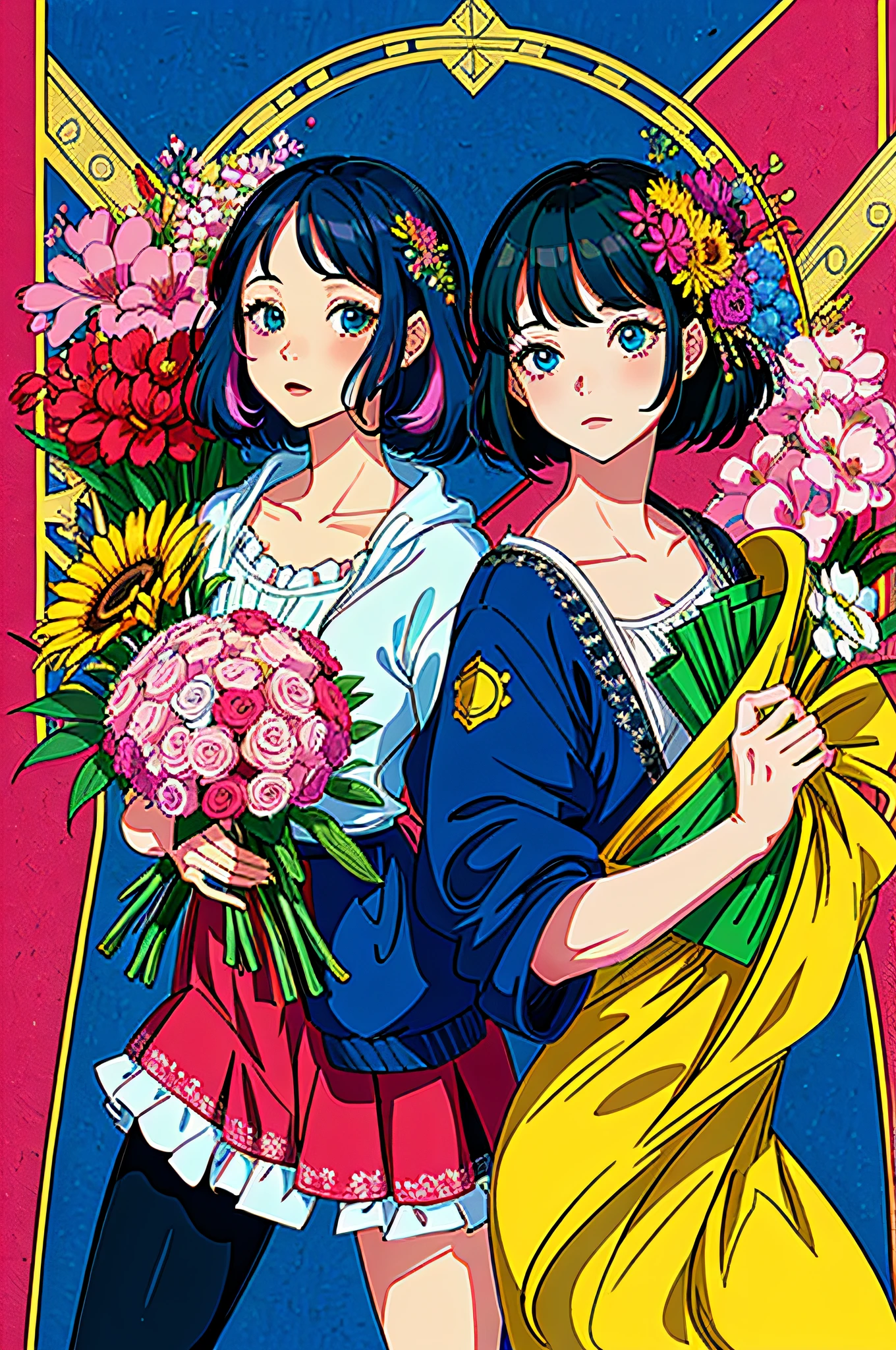 (Ultra Detail Background, Detailed Background), Absurdity, Hi-Res, Ultra Detailed, Very Detailed, 2girl, (Bouquet: 1.3), (Zentangle: 1.2), (Geometry: 1.2), (Colorful),