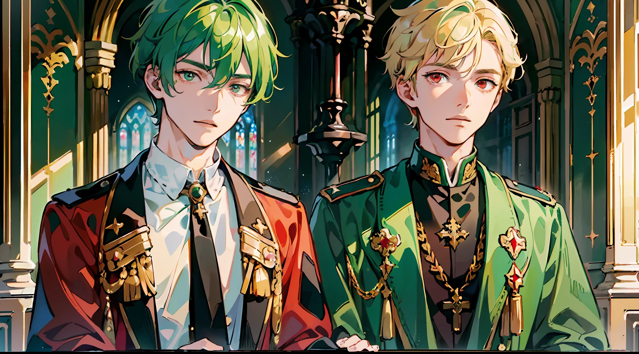 (Masterpiece: 1.4, highest image quality)),Two young men are standing in a church,and super fine illustration, extremely cute and beautiful 2young mens,(very short blonde hair and red eyes and military uniform:1.2),and super fine illustration, extremely cute and beautiful 2young mens,(green hair and big eyes:1.2) , clergy robes,dynamic pose