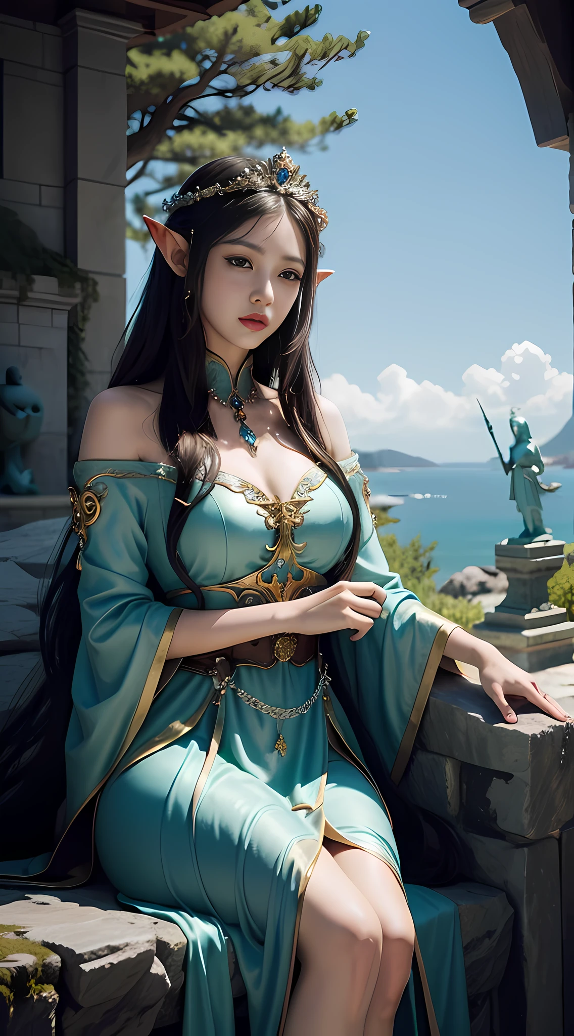 painting of a woman sitting on a rock with a statue behind her, ((a beautiful fantasy empress)), a beautiful fantasy empress, beautiful fantasy art, beautiful fantasy maiden, by Yang J, a stunning young ethereal figure, digital fantasy art ), art of wlop, very beautiful fantasy art, beautiful and elegant elf queen, by Fan Qi, wlop art