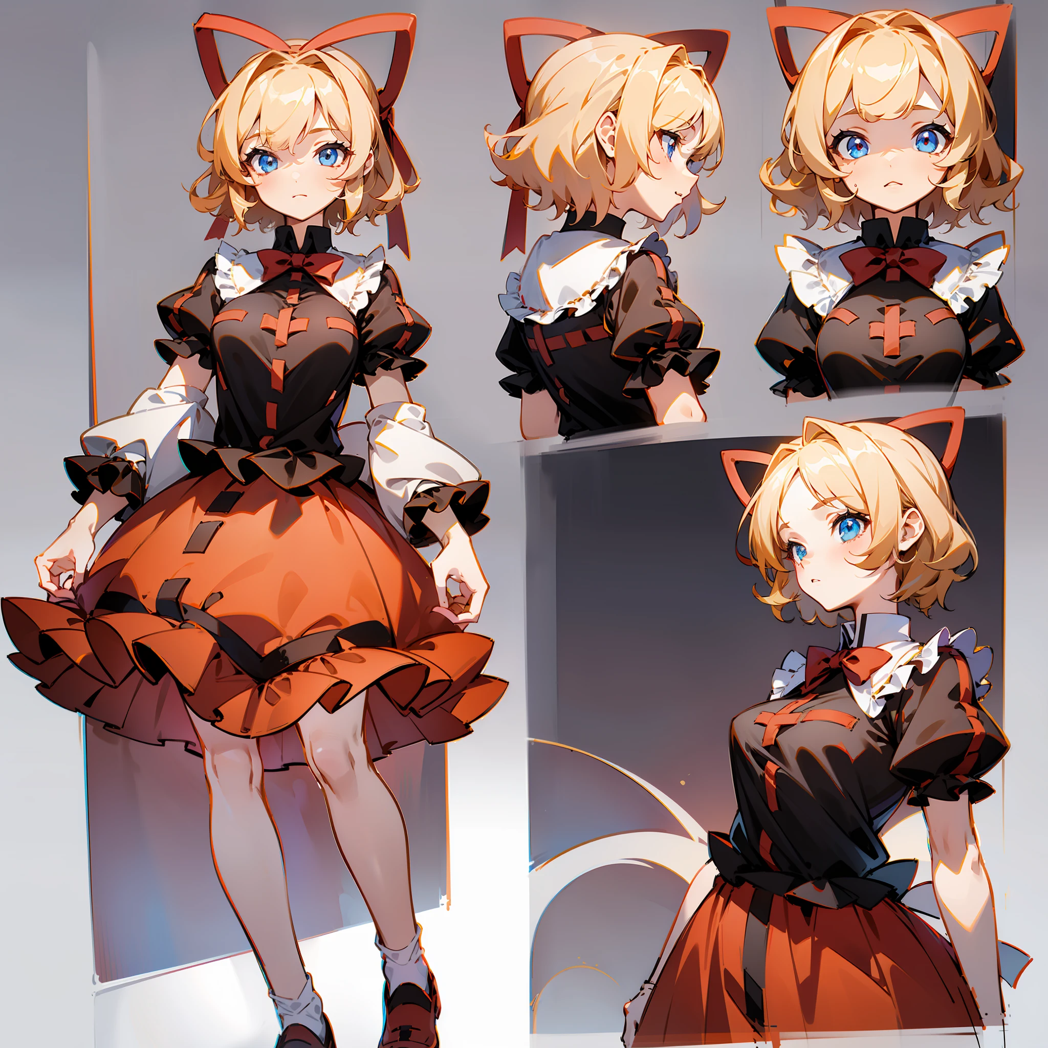 Masterpiece: 1.6, best quality: 1.4, live image: 1.2, intricate details: 1.2, charturnerv2: 1.2, 1lady full body character change, Appearance: young: 1.25, thin: 1.3, blue eyes, medium breasts, detailed eyes, quality eyes, Clothing: black shirt, red skirt, bubble skirt Accessories: red bow, red ribbon, Hair: blonde hair, short hair, semi curly hair, natural, shiny skin, (single background, white background:1.8), transparent Background, multiple views, multiple views of the same character in the same outfit: 1.3., character sheet: 1.2, multiple facial expressions: 1.3,