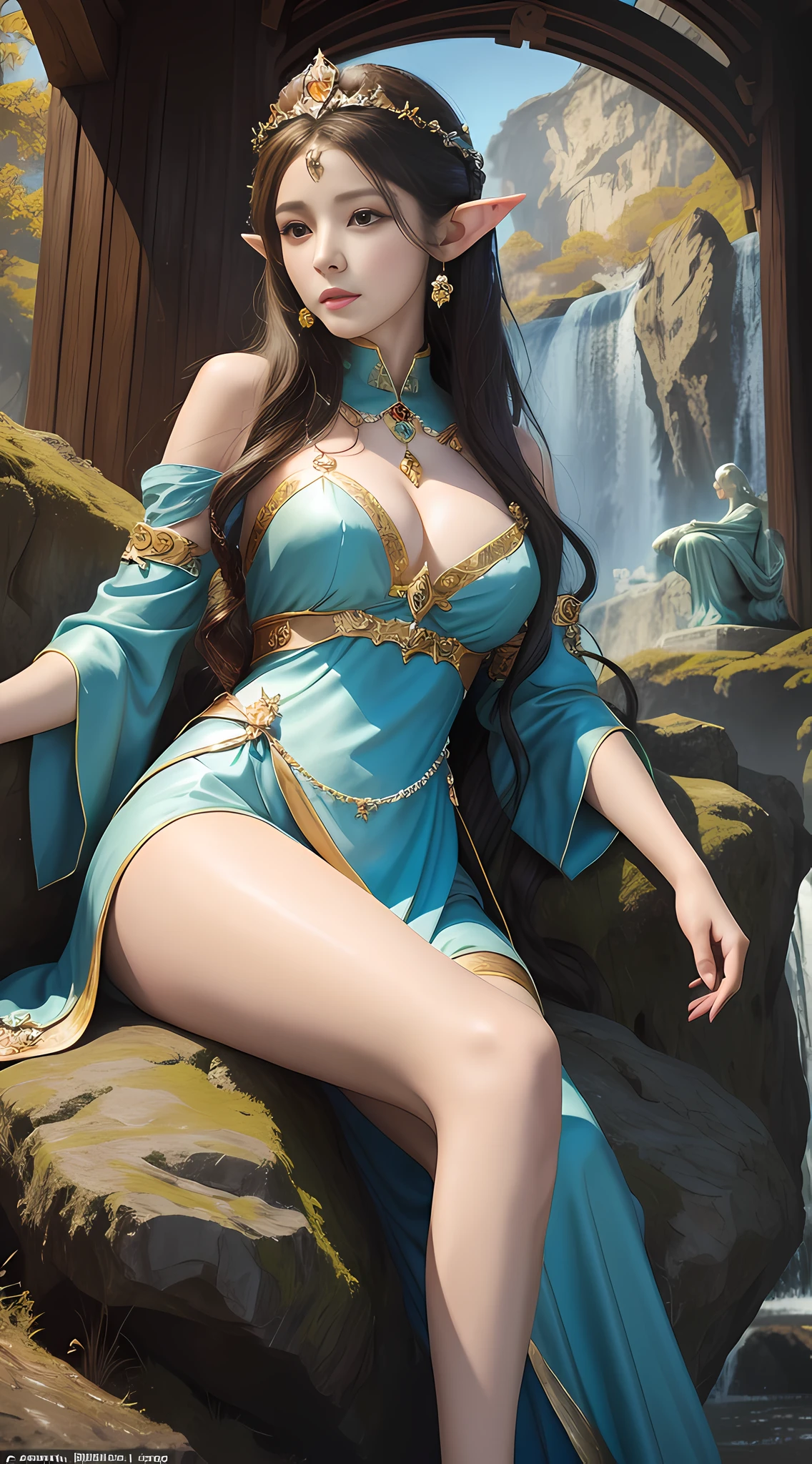 painting of a woman sitting on a rock with a statue behind her, ((a beautiful fantasy empress)), a beautiful fantasy empress, beautiful fantasy art, beautiful fantasy maiden, by Yang J, a stunning young ethereal figure, digital fantasy art ), art of wlop, very beautiful fantasy art, beautiful and elegant elf queen, by Fan Qi, wlop art