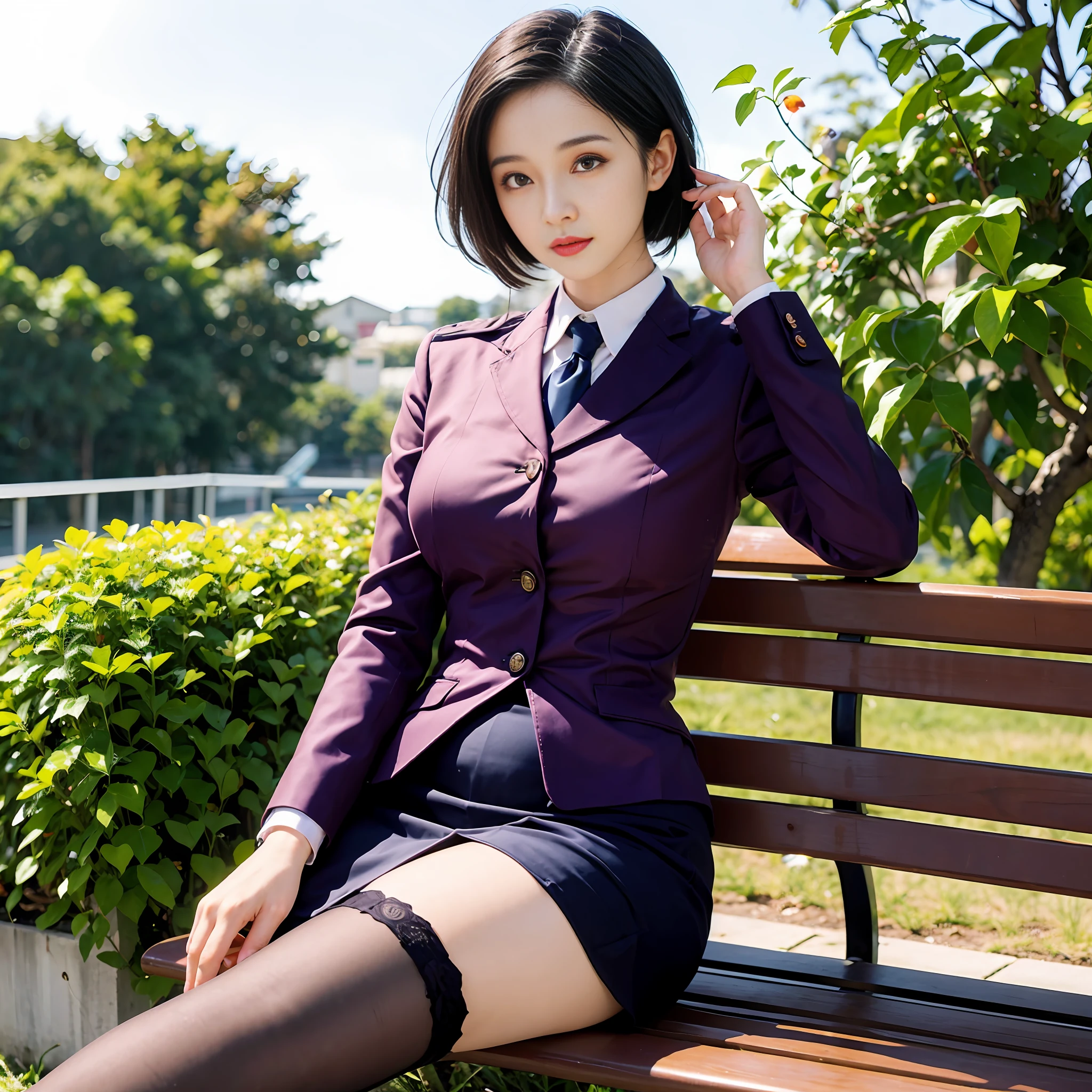 there is a woman sitting on a bench in a purple suit, wearing headmistress uniform, girl wearing uniform, japanese school uniform, wearing a strict business suit, misato katsuragi, professional cosplay, ayaka cosplay, sakimichan, jk uniform, anime girl cosplay, maya fey from ace attorney, wearing japanese school uniform, japanese girl school uniform