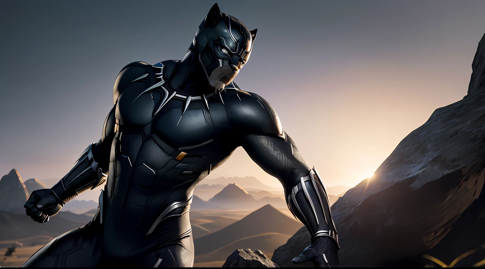 (8k, RAW photo, best quality, masterpiece:1.2), ultra detailed, official art, photo-realistic:1.37, upper body shot, marvel Black Panther, film grain, action pose