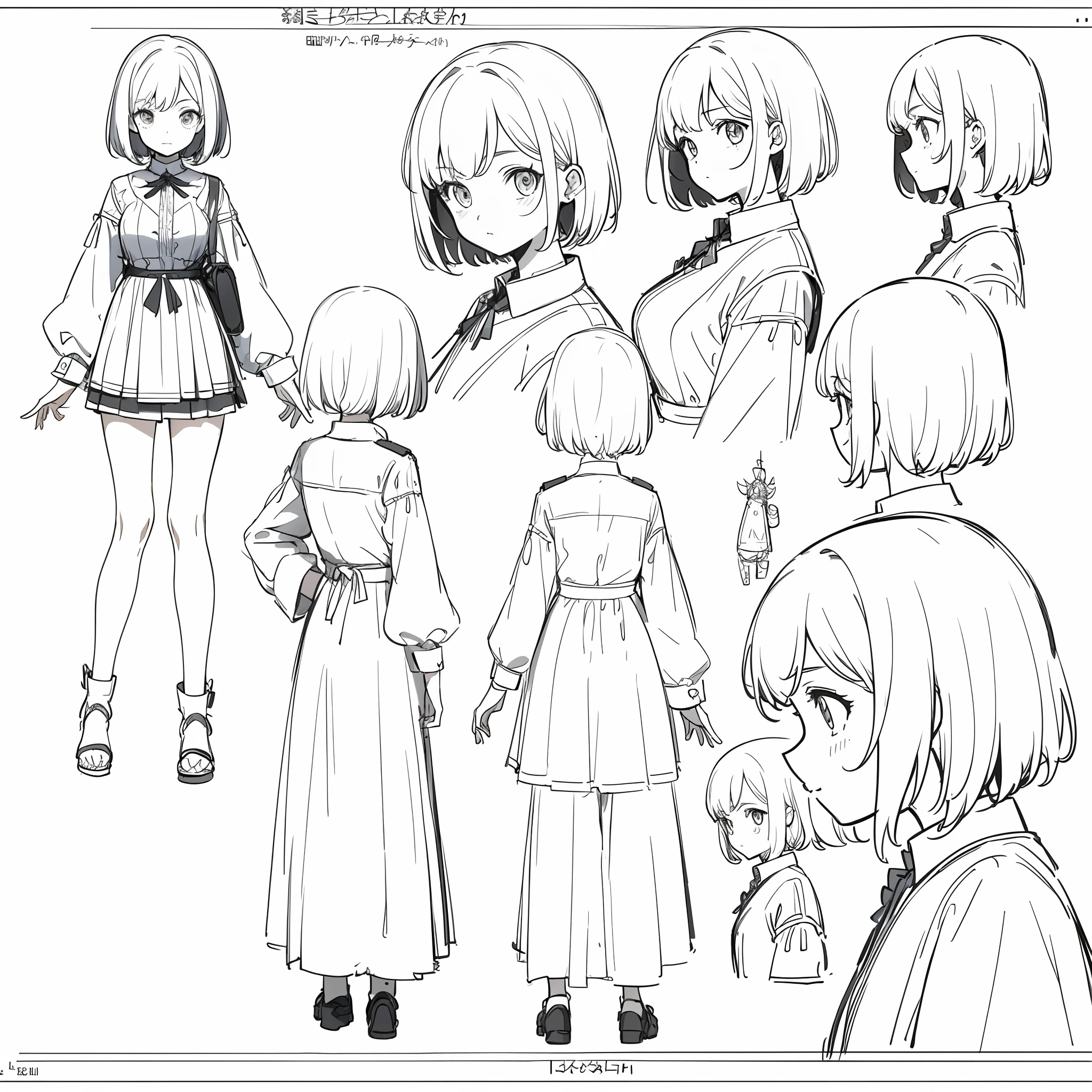(masterpiece, best quality) detailed, girl, drawing reference, reference, lineart, sketch, short hair, (character design sheet, same character, front, side, back)