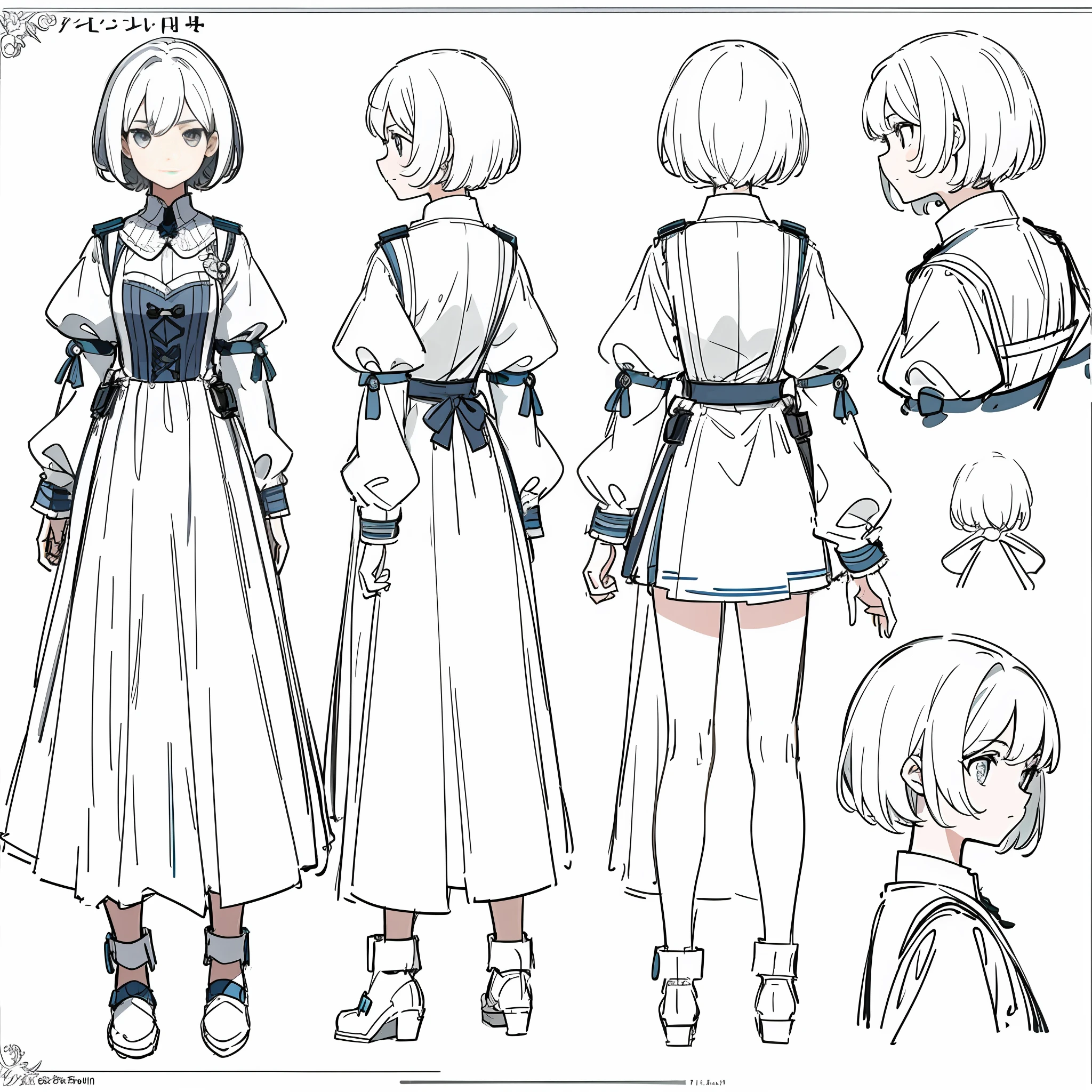 (masterpiece, best quality) detailed, girl, drawing reference, reference, lineart, sketch, short hair, (character design sheet, same character, front, side, back)