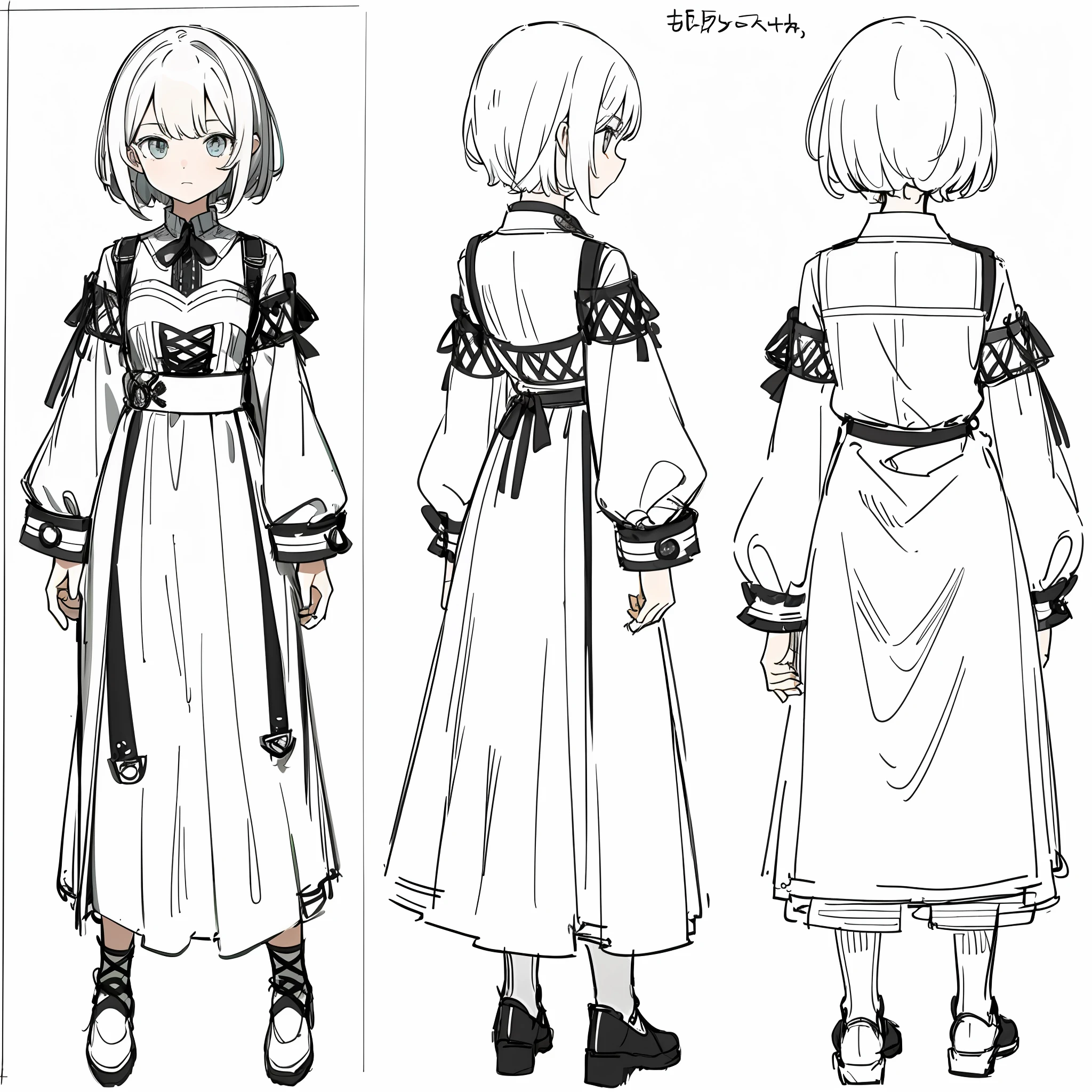 (masterpiece, best quality) detailed, girl, drawing reference, reference, lineart, sketch, short hair, (character design sheet, same character, front, side, back)