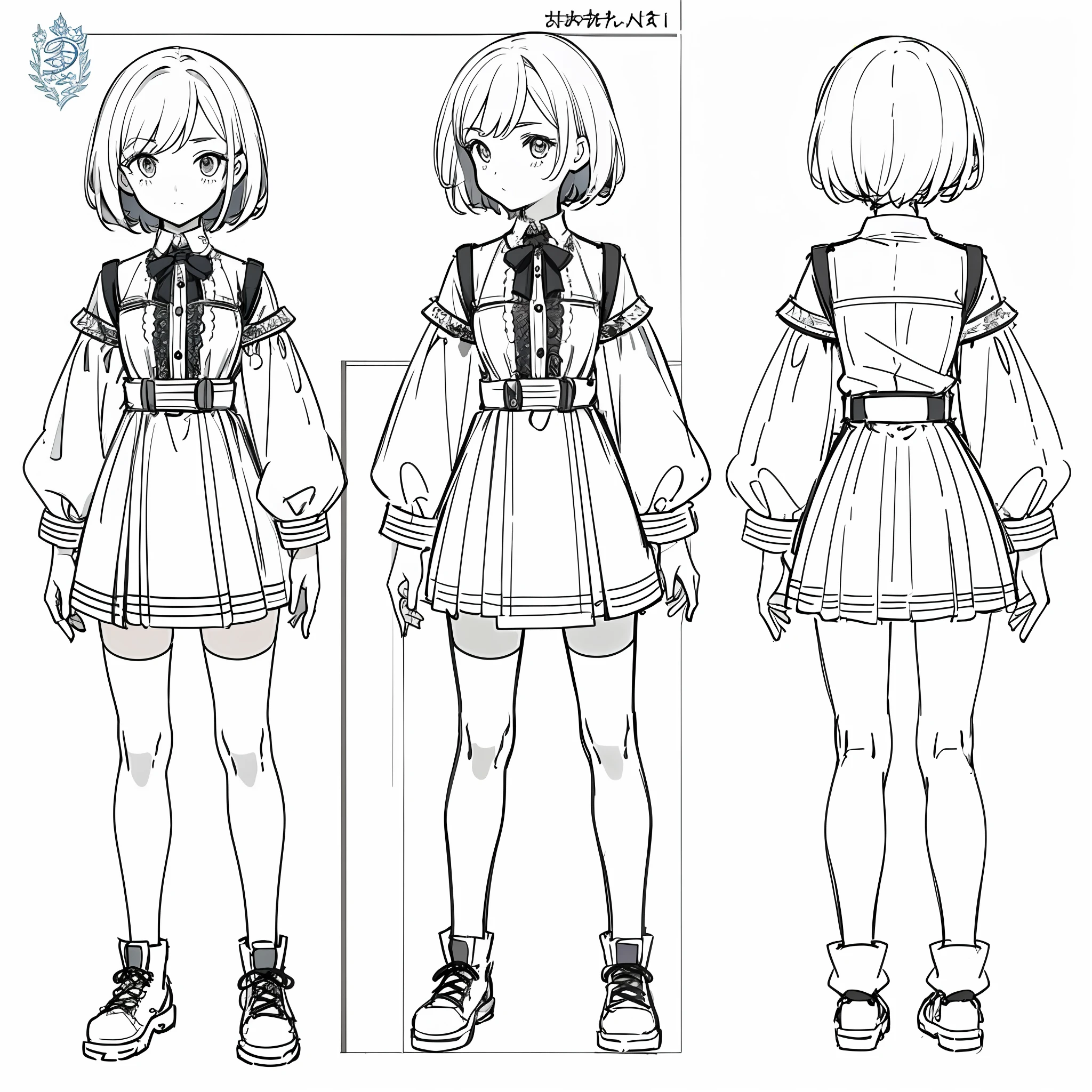 (masterpiece, best quality) detailed, girl, drawing reference, reference, lineart, sketch, short hair, (character design sheet, same character, front, side, back)