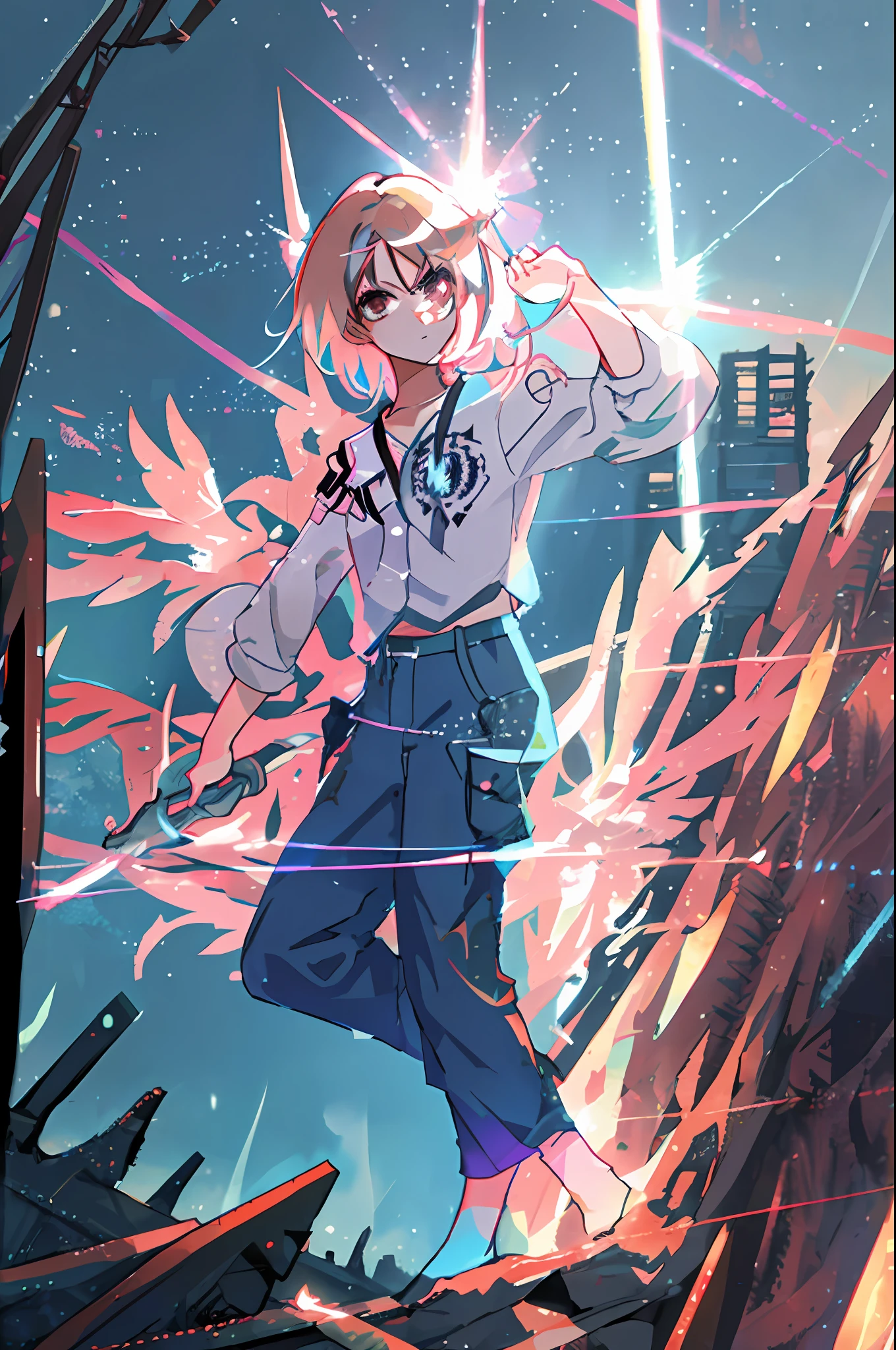 The background is war-torn Tokyo in the moonlight, a savior girl who landed there, brown eyes, pink hair, blue aura emanating from the body, right hand raised up, iridescent beams coming out of the fingers of the right hand, the tip of the beam extends to the sky and the beam is released like fireworks, and rainbow lights scatter in all directions like flashes, there are multiple charred corpses at the girl's feet