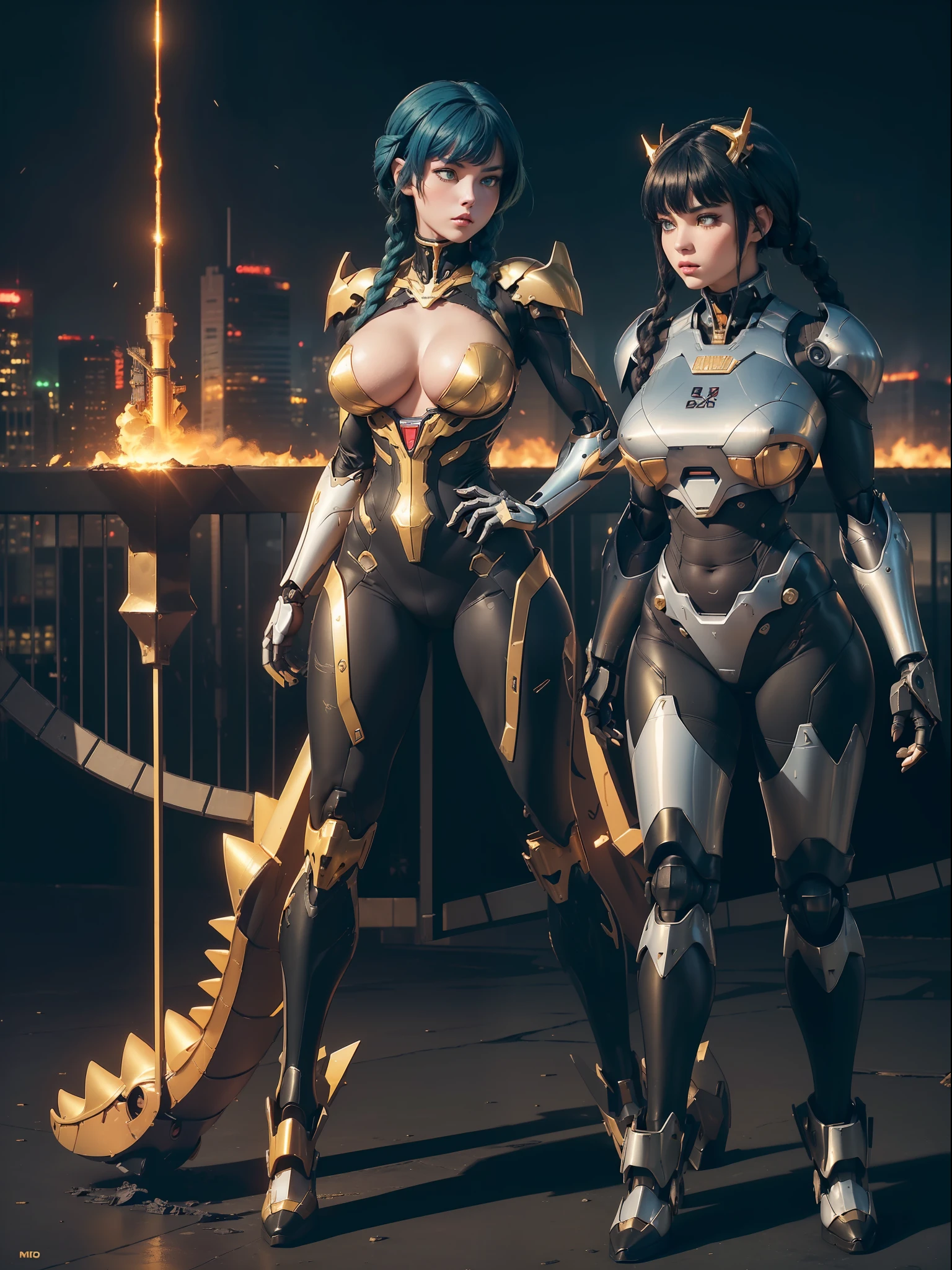 ((full body):1.5) (({1/woman}):1.2). Only {1/woman}: ((Wearing black mecha with golden parts, extremely tight on the body):1.3). Only {1/woman} has ((very short blue hair with braids, green eyes):1.2). Only {1/woman} ((extremely large breasts):1.2) Only {1/woman}: ((doing sensual poses for the standing viewer)). In a futuristic city completely destroyed with fire in the buildings and ((1 dino saurus tyrannosaurus rex mechá white with various mechanical parts):1.2) of only {1/woman}. anime, anime style, 16k, ((high quality, high details):1.3), UHD, masterpiece