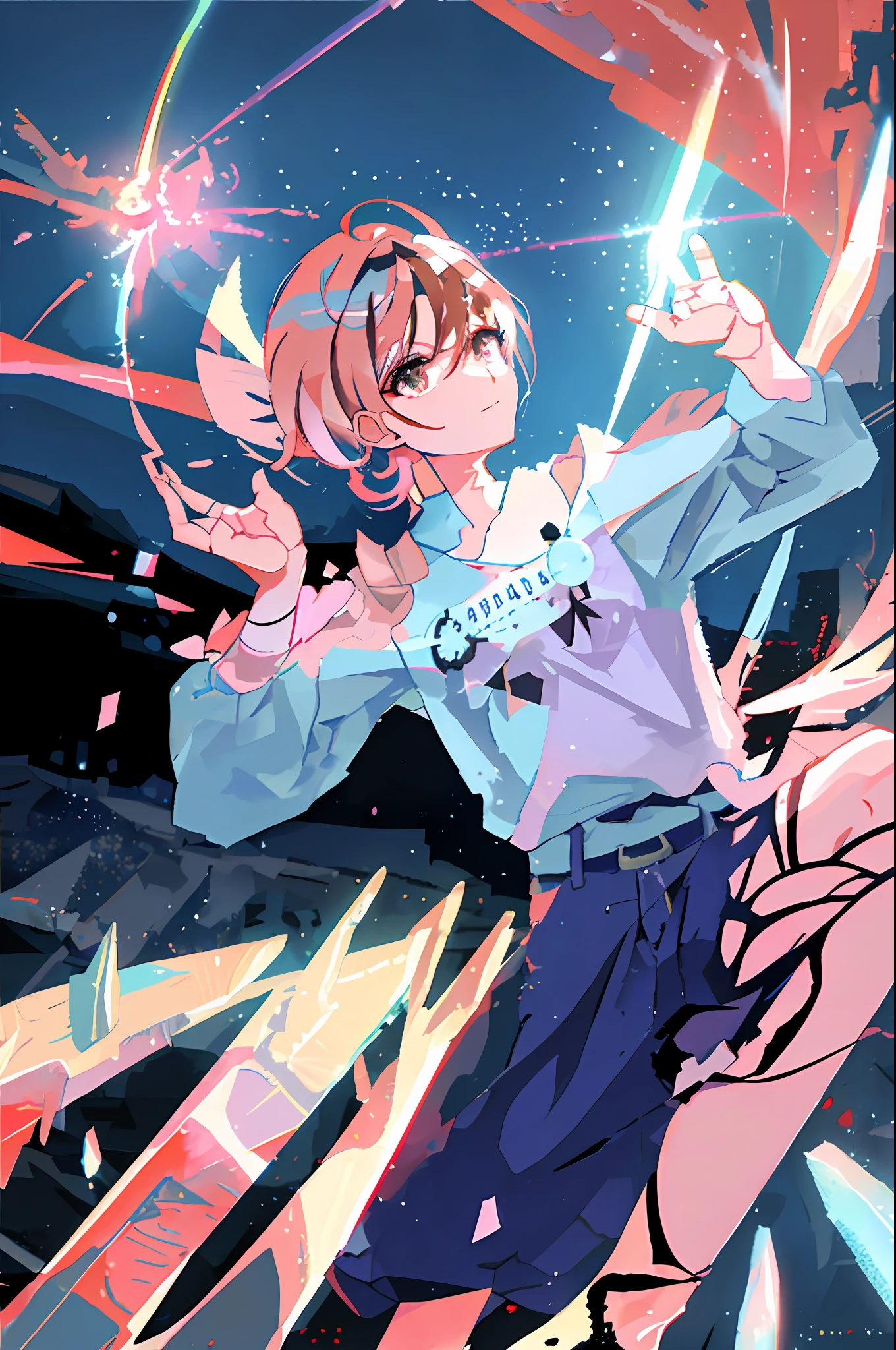 The background is war-torn Tokyo in the moonlight, a savior girl who landed there, brown eyes, pink hair, blue aura emanating from the body, right hand raised up, iridescent beams coming out of the fingers of the right hand, the tip of the beam extends to the sky and the beam is released like fireworks, and rainbow lights scatter in all directions like flashes, there are multiple charred corpses at the girl's feet