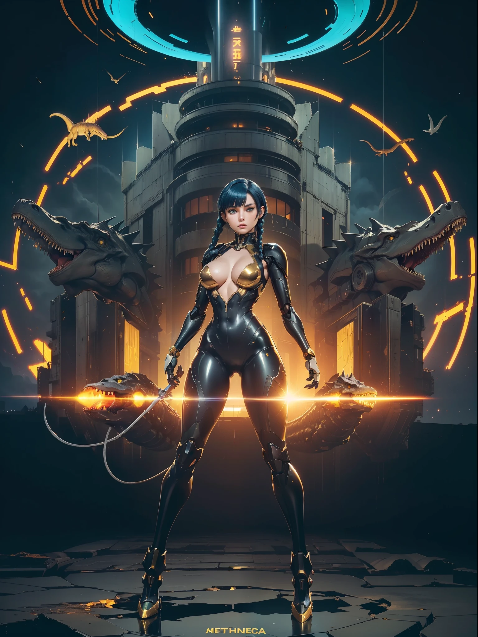 ((full body):1.5) (({1/woman}):1.2). Only {1/woman}: ((Wearing black mecha with golden parts, extremely tight on the body):1.3). Only {1/woman} has ((very short blue hair with braids, green eyes):1.2). Only {1/woman} ((extremely large breasts):1.2) Only {1/woman}: ((doing sensual poses for the standing viewer)). In a futuristic city completely destroyed with fire in the buildings and ((1 dino saurus tyrannosaurus rex mechá white with various mechanical parts):1.2) of only {1/woman}. anime, anime style, 16k, ((high quality, high details):1.3), UHD, masterpiece