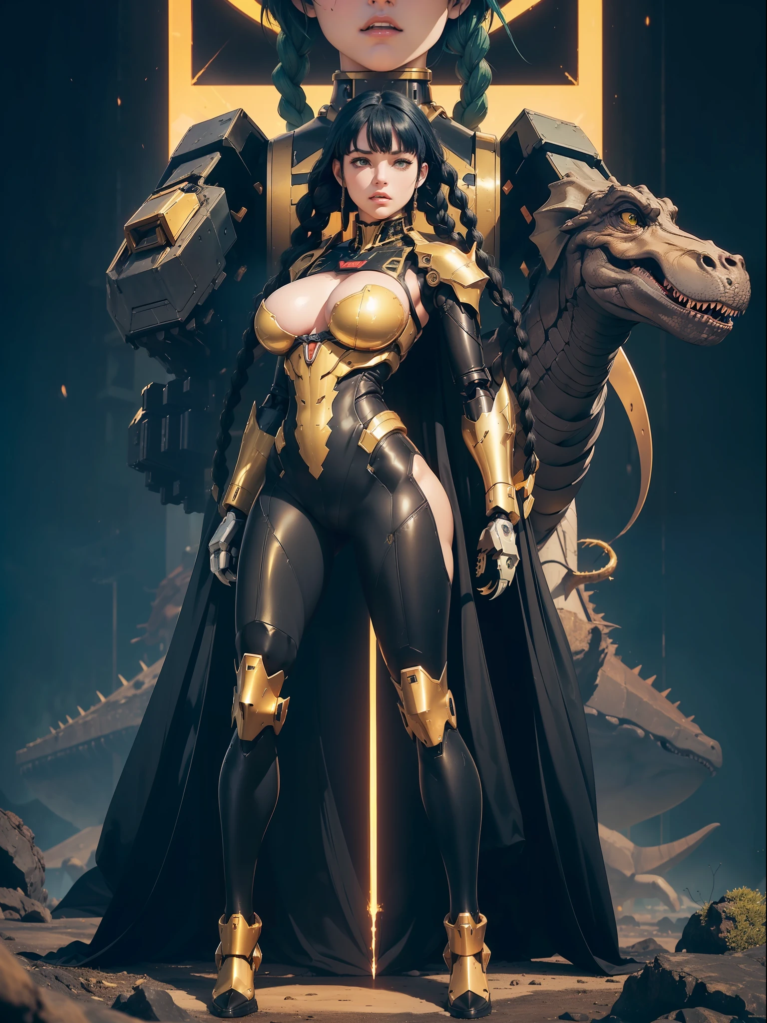 ((full body):1.5) (({1/woman}):1.2). Only {1/woman}: ((Wearing black mecha with golden parts, extremely tight on the body):1.3). Only {1/woman} has ((very short blue hair with braids, green eyes):1.2). Only {1/woman} ((extremely large breasts):1.2) Only {1/woman}: ((doing sensual poses for the standing viewer)). In a futuristic city completely destroyed with fire in the buildings and ((1 dino saurus tyrannosaurus rex mechá white with various mechanical parts):1.2) of only {1/woman}. anime, anime style, 16k, ((high quality, high details):1.3), UHD, masterpiece