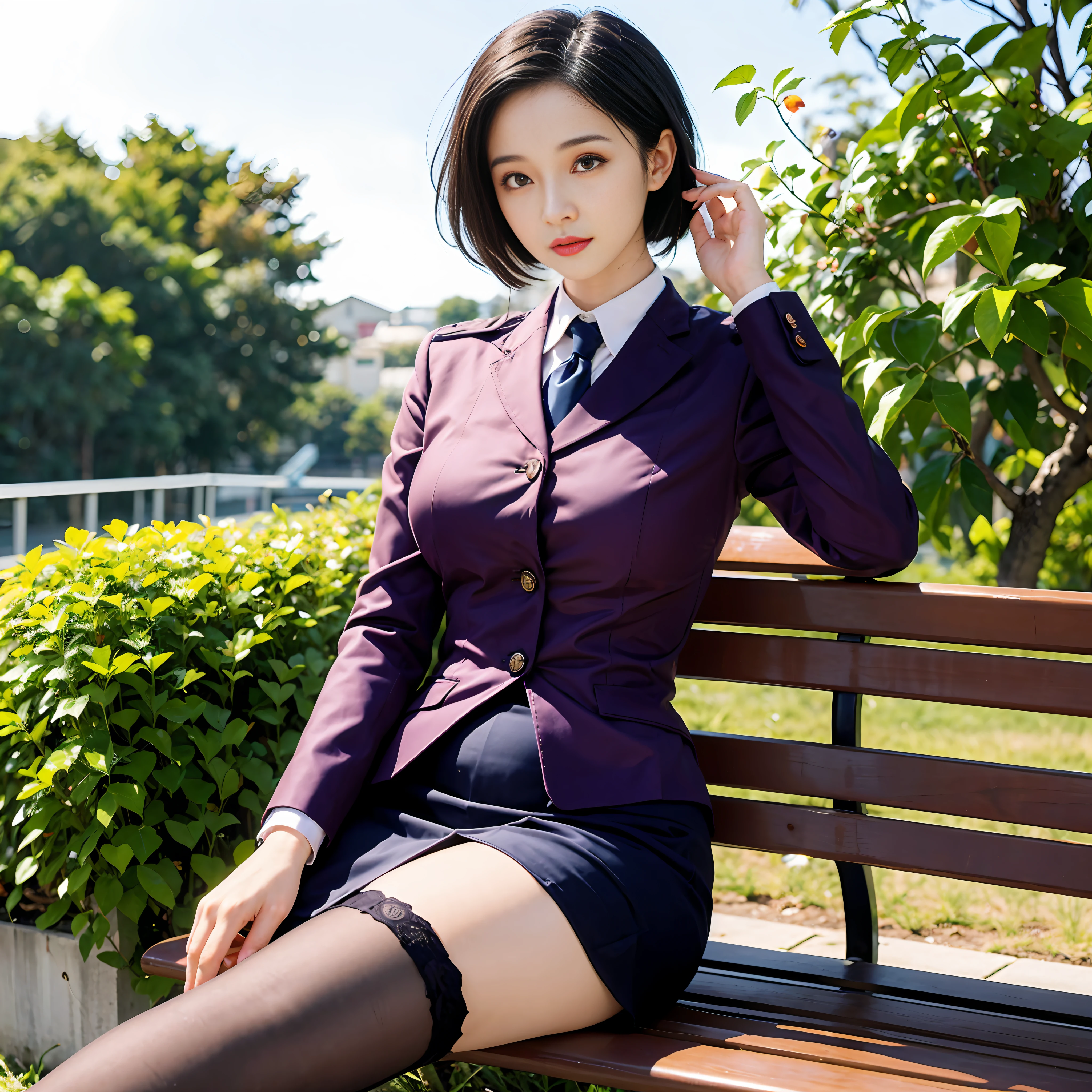 there is a woman sitting on a bench in a purple suit, wearing headmistress uniform, girl wearing uniform, japanese school uniform, wearing a strict business suit, misato katsuragi, professional cosplay, ayaka cosplay, sakimichan, jk uniform, anime girl cosplay, maya fey from ace attorney, wearing japanese school uniform, japanese girl school uniform