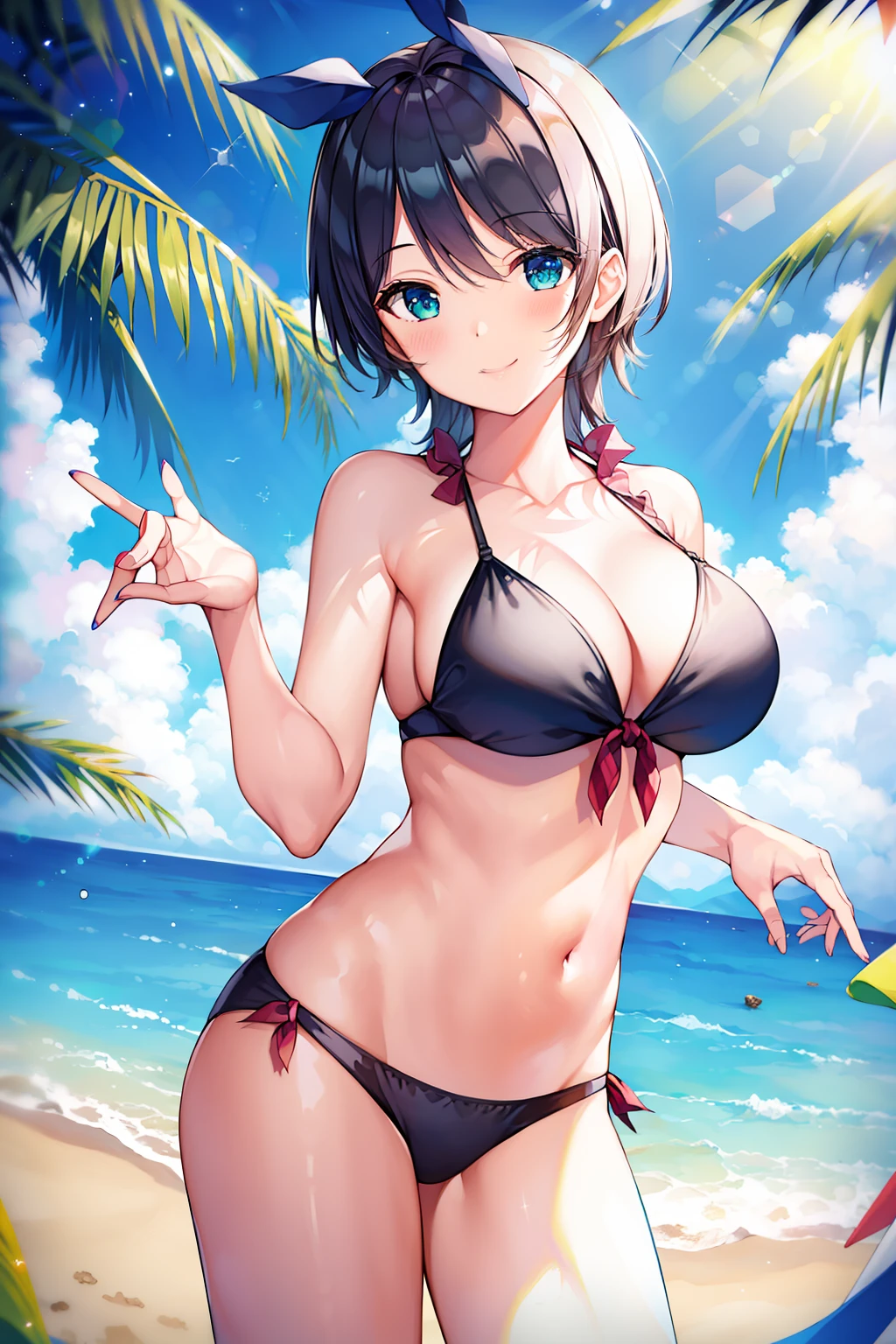 (masterpiece, best quality, 8k, highres:1.2), 1girl, bikini, beach, tilt head, kind smile,