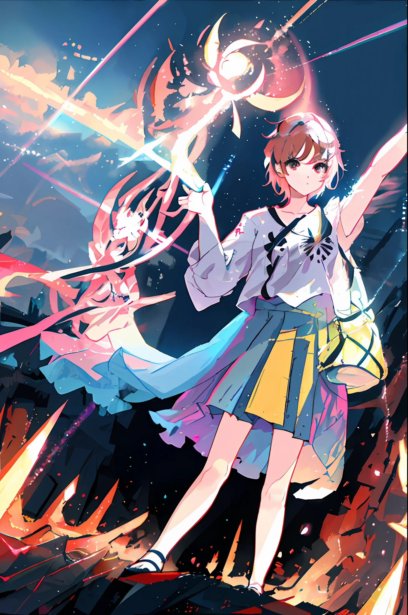 The background is war-torn Tokyo in the moonlight, a savior girl who landed there, brown eyes, pink hair, blue aura emanating from the body, right hand raised up, iridescent beams coming out of the fingers of the right hand, the tip of the beam extends to the sky and the beam is released like fireworks, and rainbow lights scatter in all directions like flashes, there are multiple charred corpses at the girl's feet