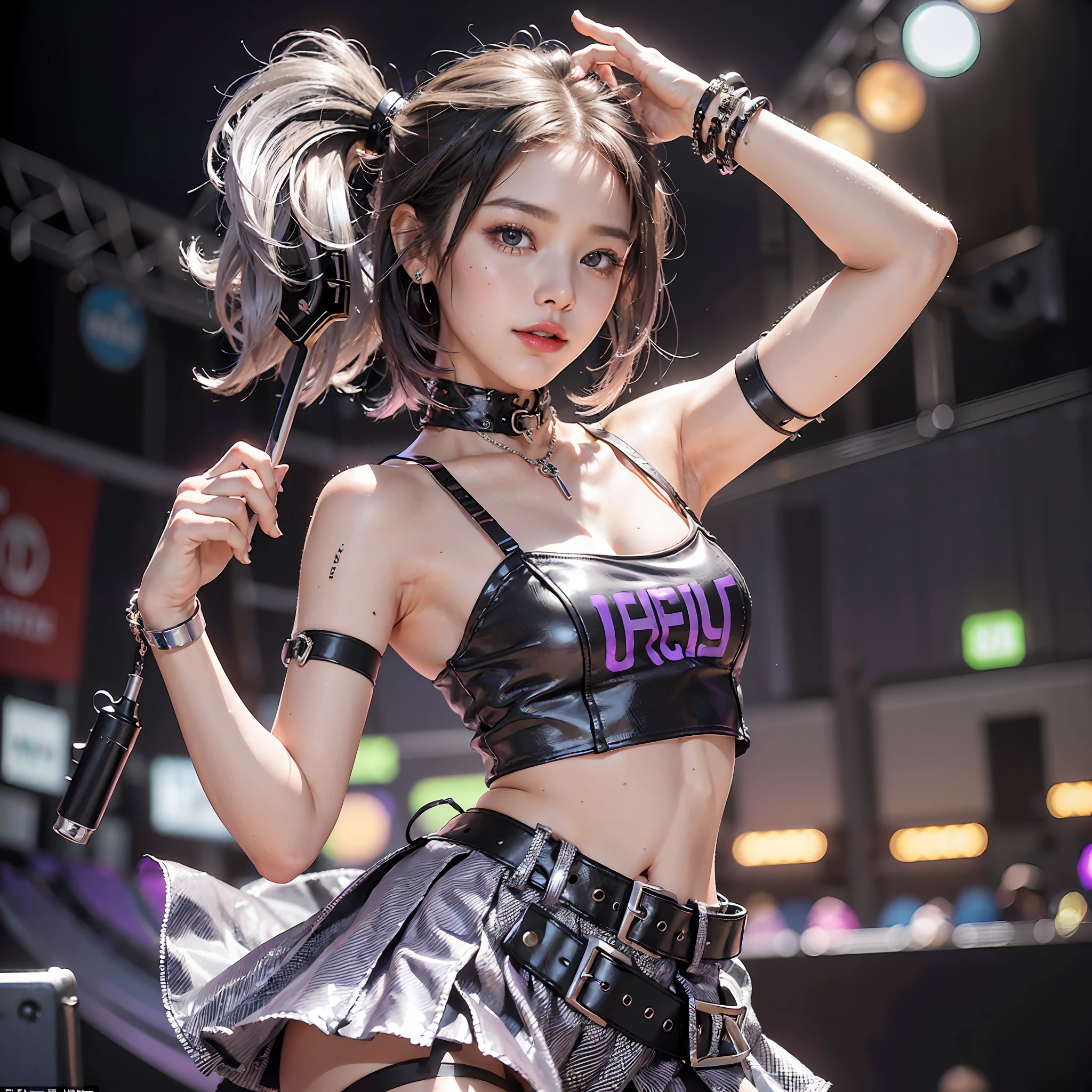 Circular image, (Masterpiece: 1.3), (Best Quality: 1.2), (Masterpiece), High Quality, High Definition, (SOLO: 1.4), (Round Image)), (((Fisheye)), [(Metallic Silver Background: 1.1): 5], [(Cool Rock Band Stage, Playing Electric Guitar: 1): 5], 18-year-old girl, cute, floating, flashy, [(punk rocker outfit, revealing clothes:1.2): 5] {1 girl}, {solo}, (((full body))), {{{5 fingers}}}}, ((good anatomy: 1.2)), ((black)) short bob hair (silver and (purple)), (seductive smile, armpits), black pantyhose, (random pose), watch viewer, fluffy miniskirt, plaid, (((Anyway cute)), punk accessories