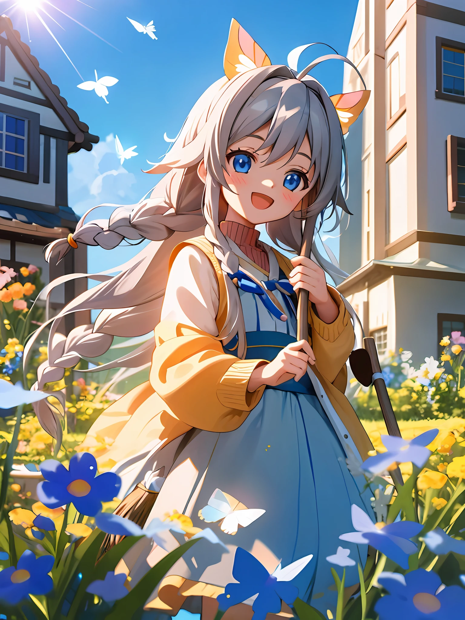 Photo, masterpiece, best quality, wallpaper, 4k, 8k, high resolution, 1girl, elaina, majo no tabitabi, gray hair, ahoge, long hair, braids, blue eyes, shirt, sweater, broom, town, building, house, flowers, butterfly, sunlight, sun markings, :D