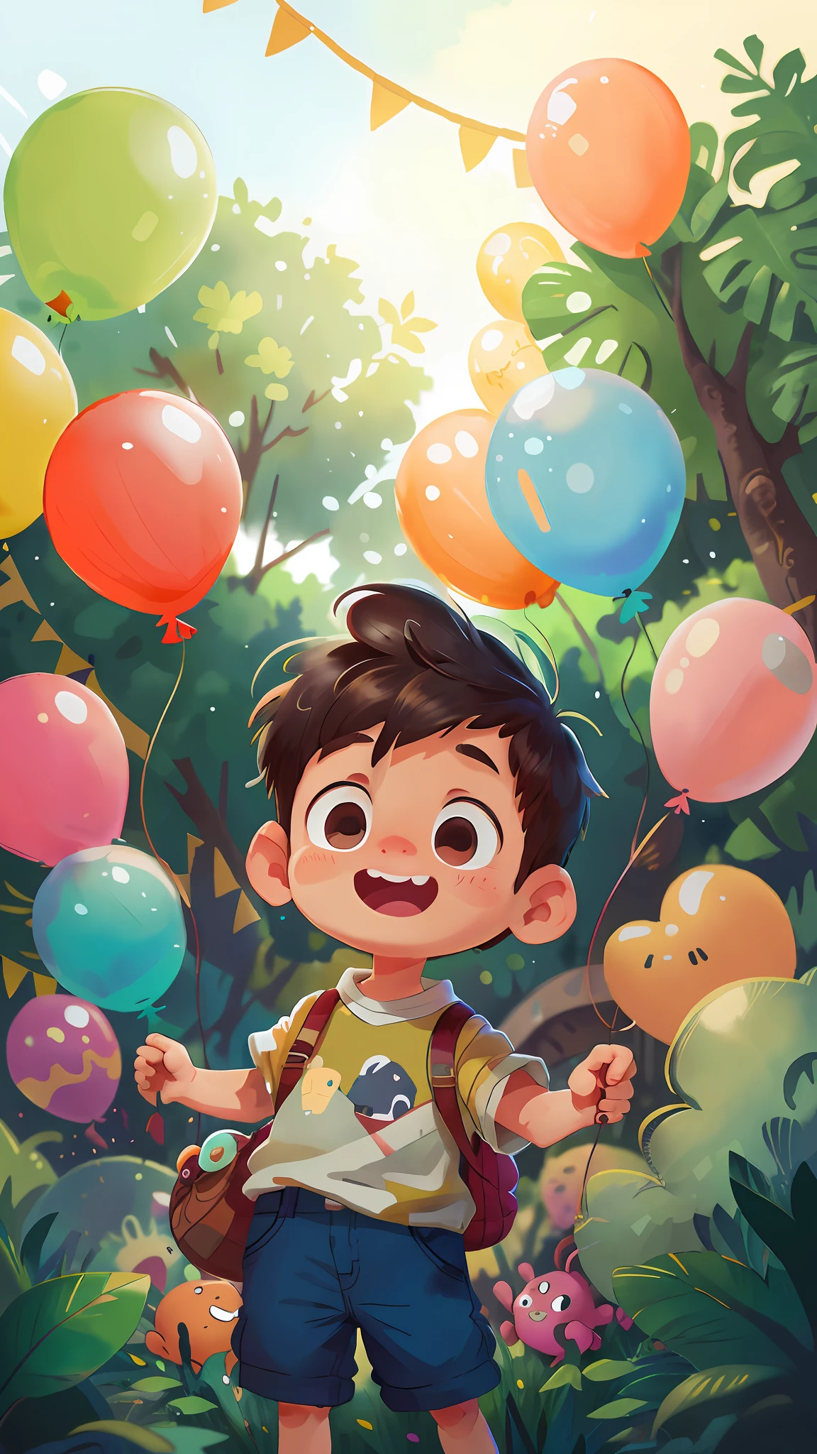 A boy, zoo, many balloons, happy, happy, perfect quality, clear focus (clutter - home: 0.8), (masterpiece: 1.2) (realistic: 1.2) (bokeh) (best quality) (detailed skin: 1.3) (intricate details) (8K) (detail eyes) (sharp focus), (happy)