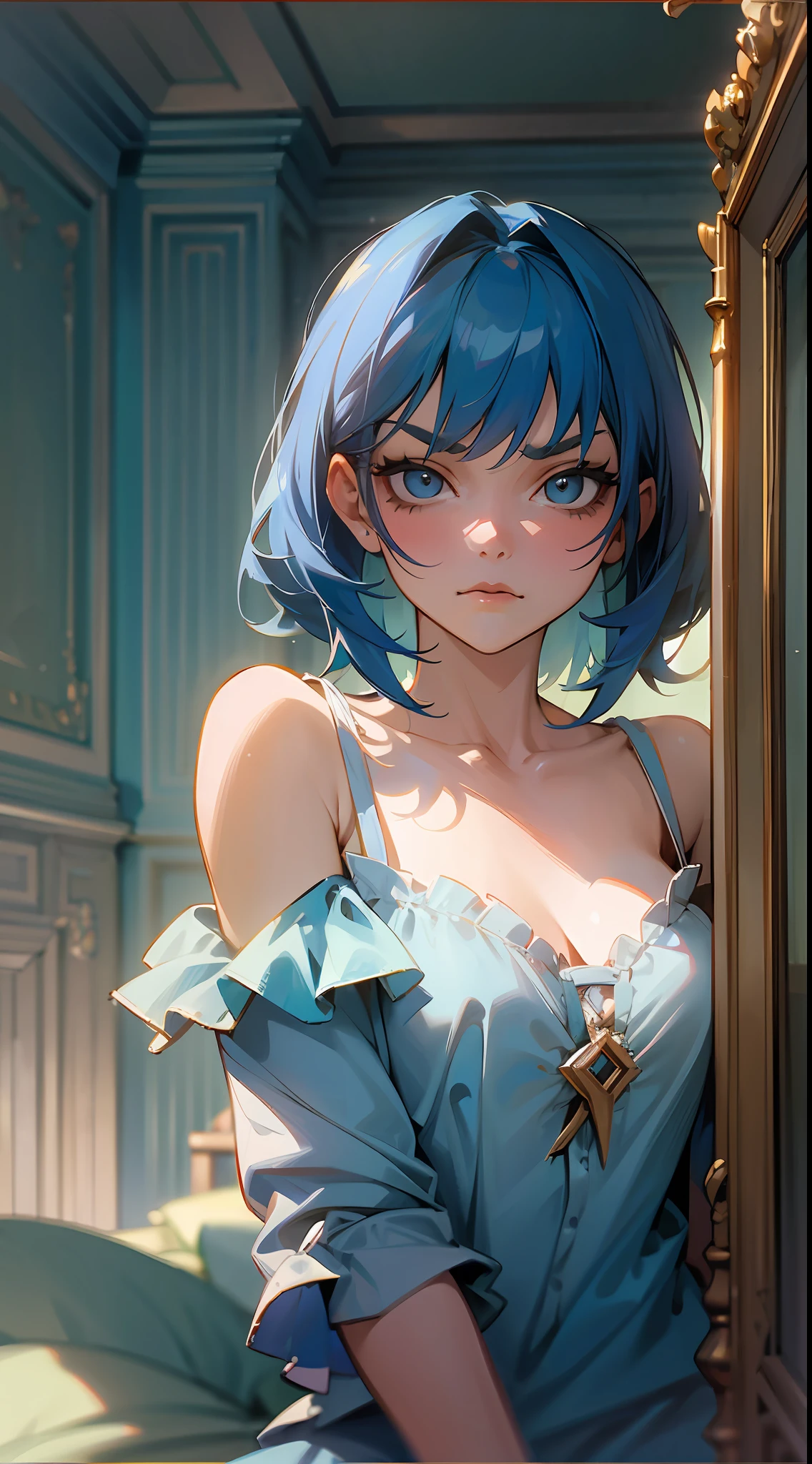 Masterpiece, of the best quality, a blue-haired woman, sneering, gloomy, bedroom, bed, Artie Guéland style