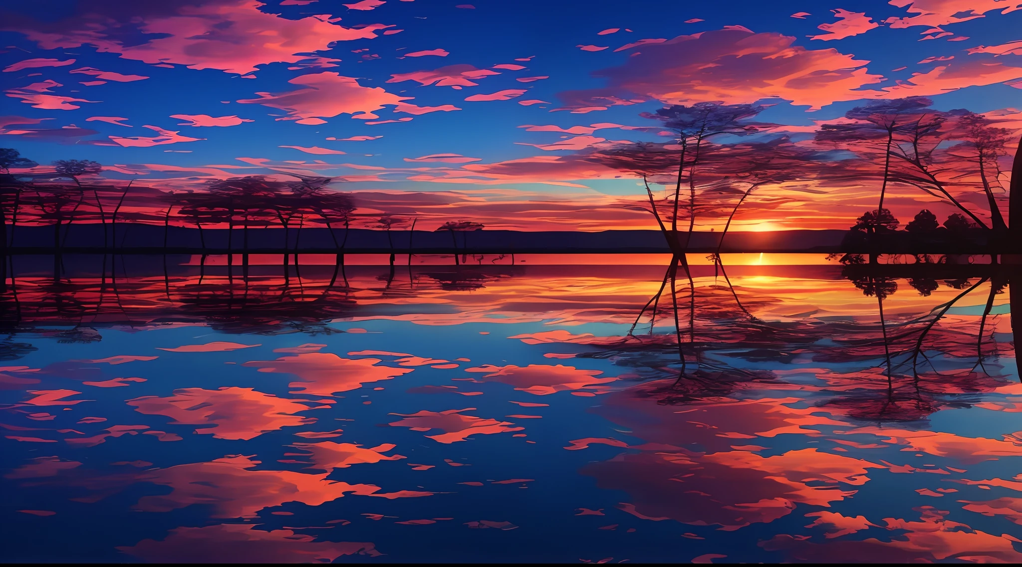 there is a beautiful sunset with a lake and trees in the background, colorful skies, surreal colors, colorful sunset, colorful sky, marvellous reflection of the sky, stunning sky, dream like atmosphere 8k, colorful clouds, colors reflecting on lake, surreal sky, red and blue reflections, fire reflection, beautiful sky, beautiful and spectacular dusk, beautiful dreamy landscape, amazing sky