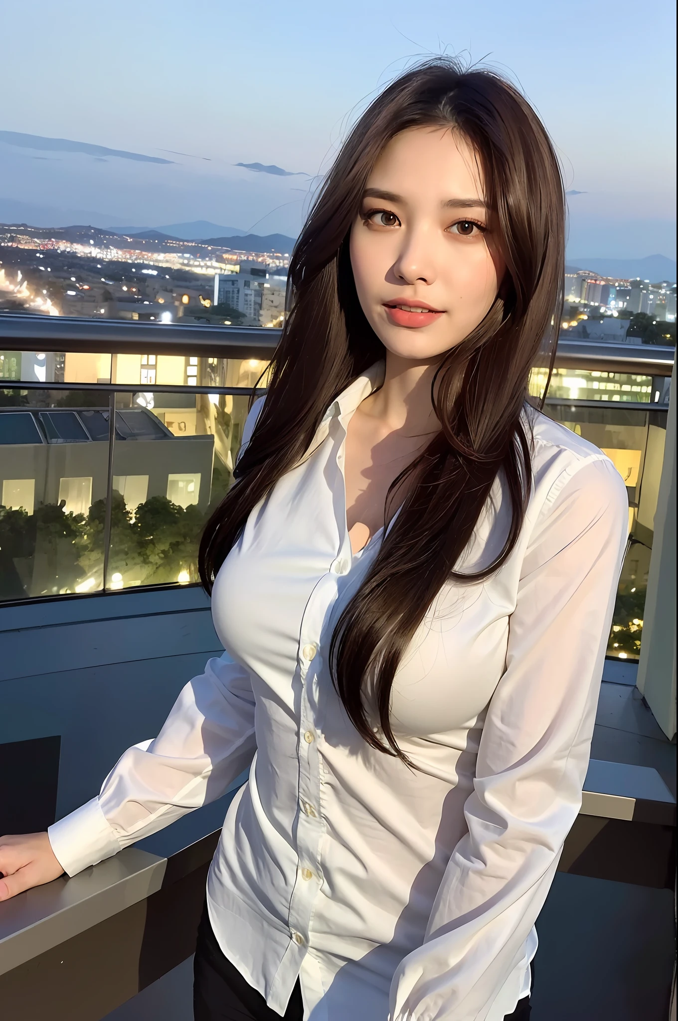 ((Best quality, 8k, Masterpiece :1.3)), Whole body, Long legs, Sharp focus :1.2, A pretty woman with perfect figure :1.4, Slender abs :1.1, ((Dark brown hair, Big breasts :1.2)), (Light fabric white shirt, Happy expression, Standing:1.2), ((Night city view, Balcony :1.3)), Highly detailed face and skin texture, Detailed eyes, Double eyelid