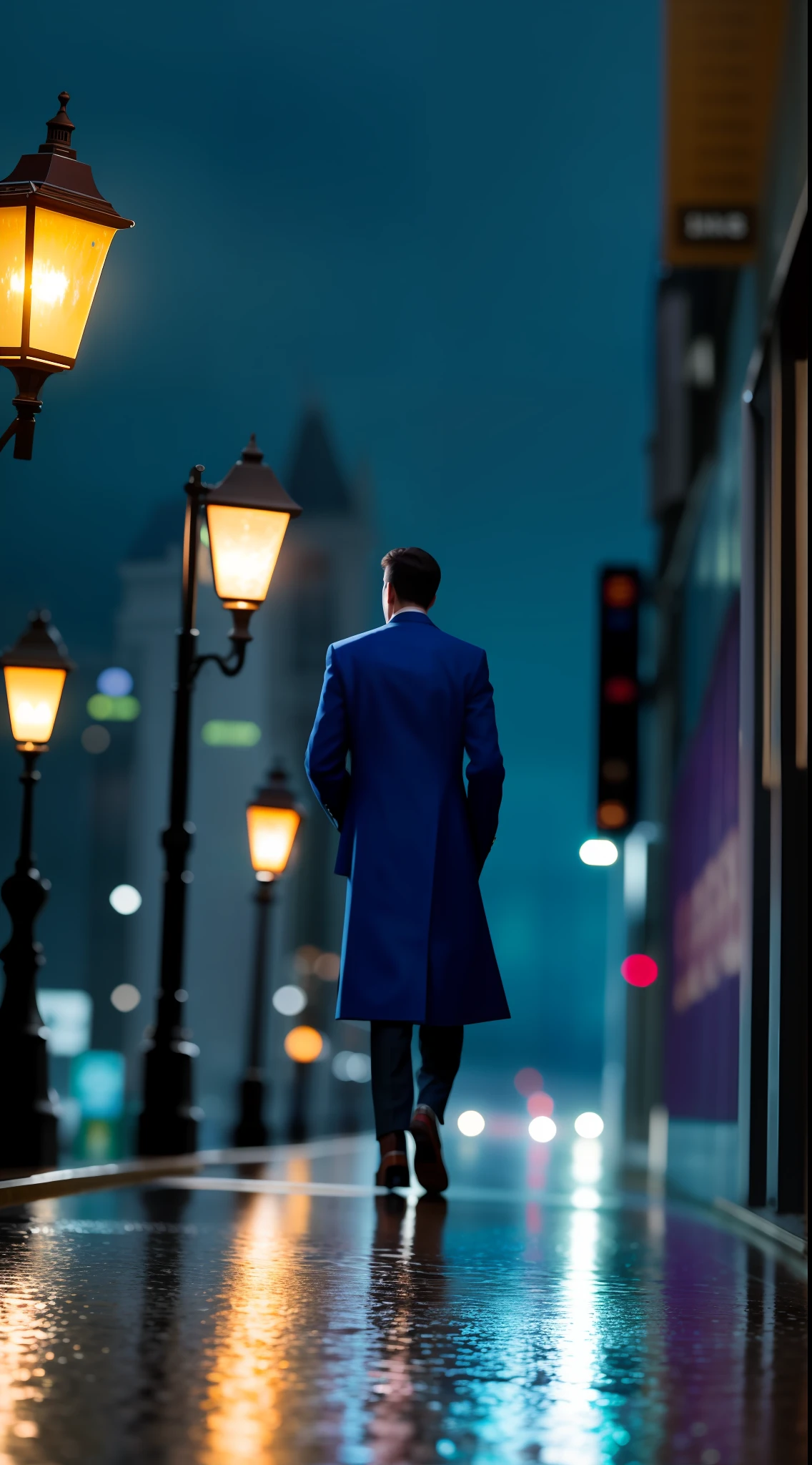 Realistic style, hyper-detailed, highly immersive vertical scene, a well-dressed lone man walking through the rain-slicked streets of London after a downpour, intricate details of the nighttime illumination reflecting off the wet pavement and gas lamps, capturing the essence of solitude in the midst of an urban landscape, the image was taken with a high-resolution camera that brings every nuance of the setting to life, 8k, HDR --ar 9:16 --q 2 --s 750 --v 5