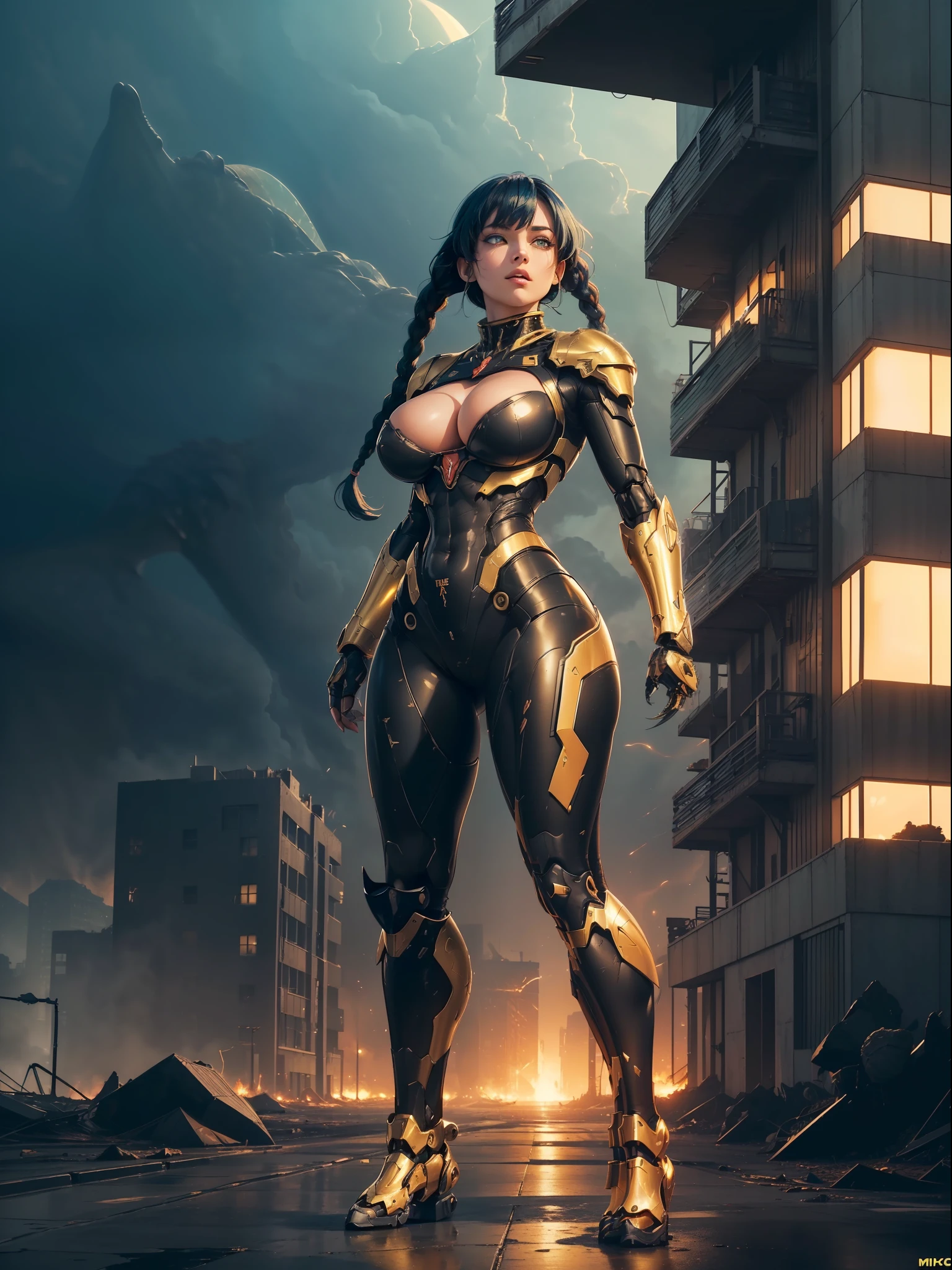 ((full body):1.5) (({1/woman}):1.2). Only {1/woman}: ((Wearing black mecha with golden parts, extremely tight on the body):1.2). Only {1/woman} has ((very short blue hair with braids, green eyes):1.2). Only {1/woman} ((extremely large breasts):1.2) Only {1/woman}: ((doing sensual poses for the standing viewer)). In a futuristic city completely destroyed with fire in the buildings and ((1 dino saurus tyrannosaurus rex mechá white with various mechanical parts):1.2) of only {1/woman}. anime, anime style, 16k, ((high quality, high details):1.5), UHD, masterpiece