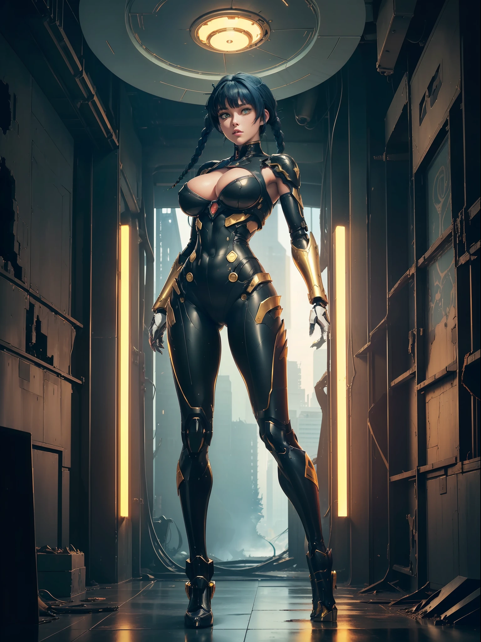 ((full body):1.5) (({1/woman}):1.2). Only {1/woman}: ((Wearing black mecha with golden parts, extremely tight on the body):1.2). Only {1/woman} has ((very short blue hair with braids, green eyes):1.2). Only {1/woman} ((extremely large breasts):1.2) Only {1/woman}: ((doing sensual poses for the standing viewer)). In a futuristic city completely destroyed with fire in the buildings and ((1 dino saurus tyrannosaurus rex mechá white with various mechanical parts):1.2) of only {1/woman}. anime, anime style, 16k, ((high quality, high details):1.5), UHD, masterpiece