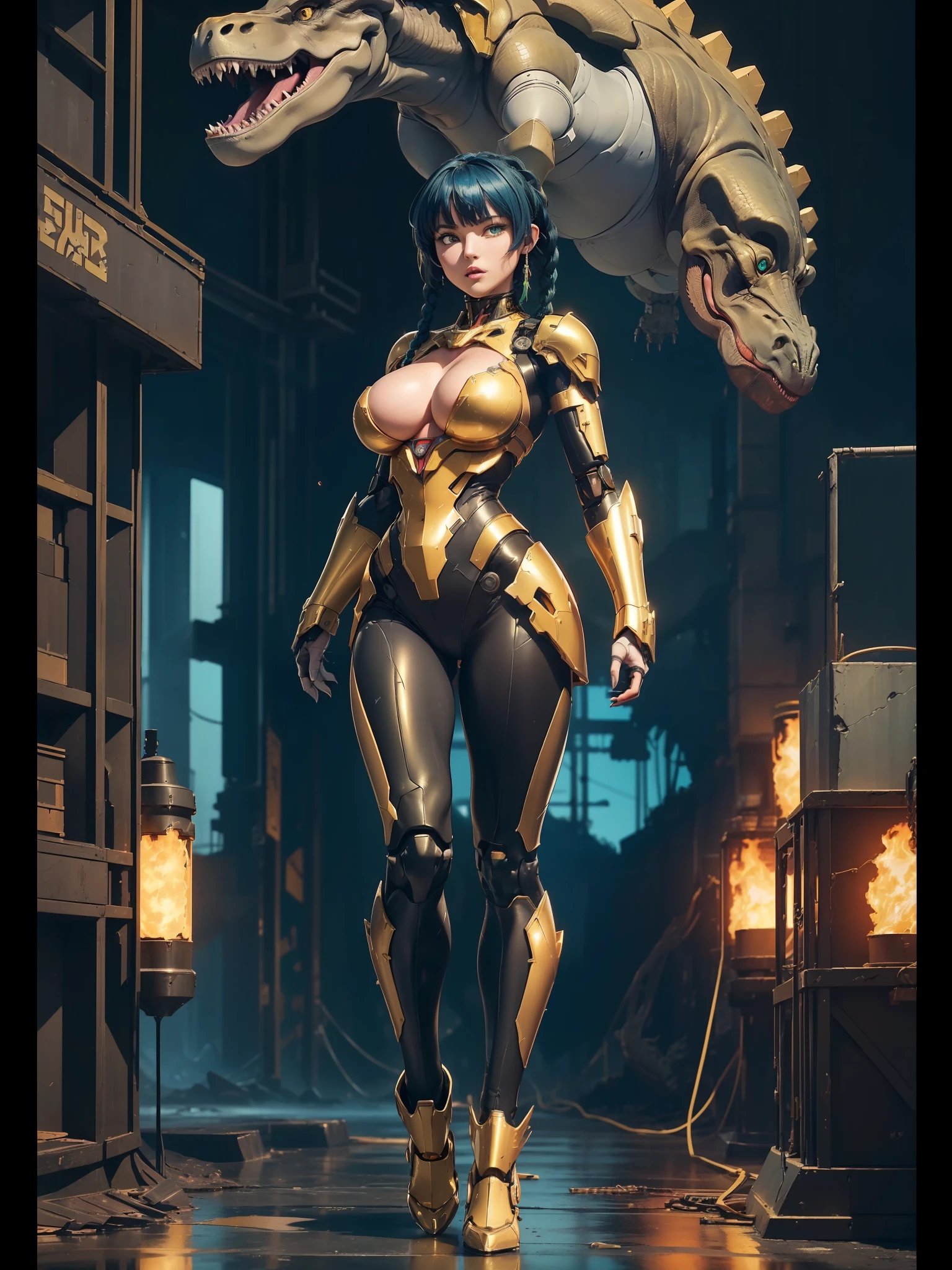 ((full body):1.5) (({1/woman}):1.2). Only {1/woman}: ((Wearing black mecha with golden parts, extremely tight on the body):1.2). Only {1/woman} has ((very short blue hair with braids, green eyes):1.2). Only {1/woman} ((extremely large breasts):1.2) Only {1/woman}: ((doing sensual poses for the standing viewer)). In a futuristic city completely destroyed with fire in the buildings and ((1 dino saurus tyrannosaurus rex mechá white with various mechanical parts):1.2) of only {1/woman}. anime, anime style, 16k, ((high quality, high details):1.5), UHD, masterpiece