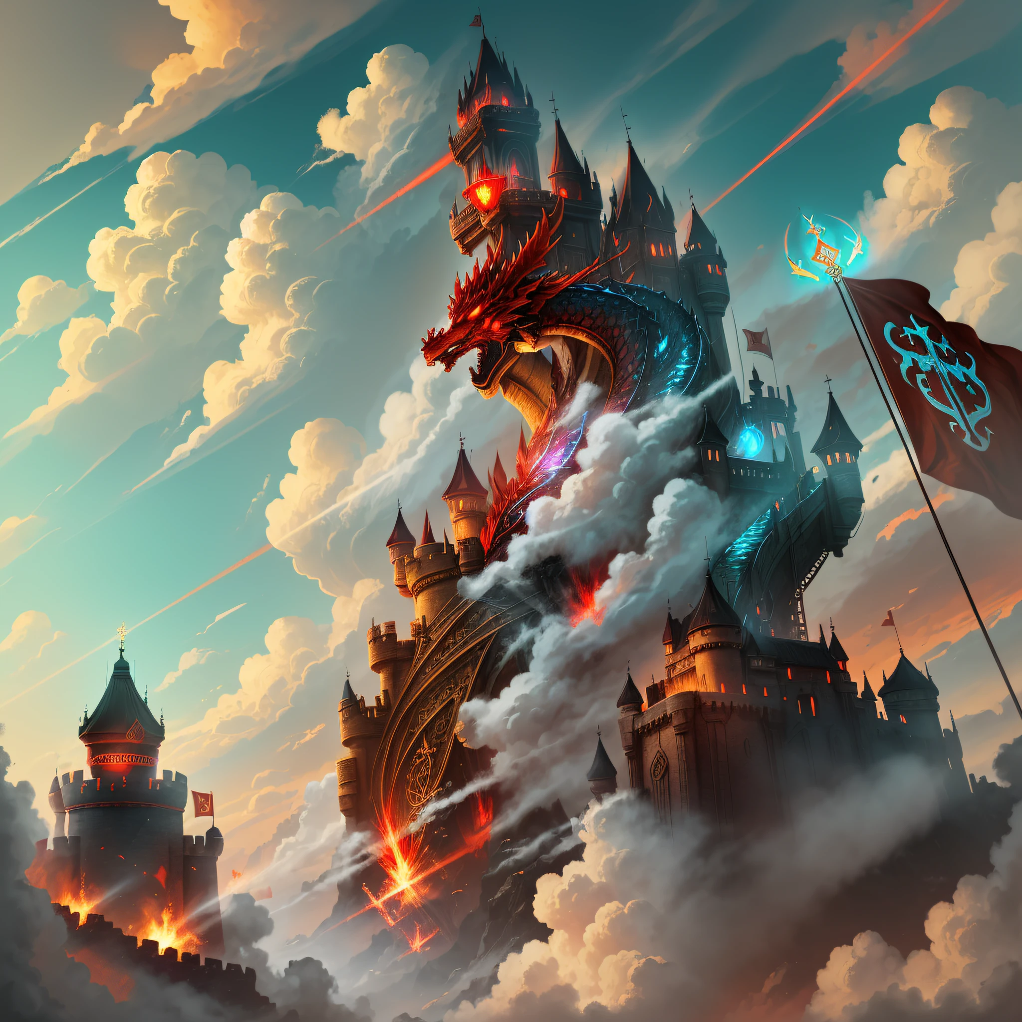 Holy Light, Divine Dragon, Wonders of Difference), (Prompt B: Top of the Castle, Auspicious Clouds, (prompt: Red Faction Flag)) --auto --s2