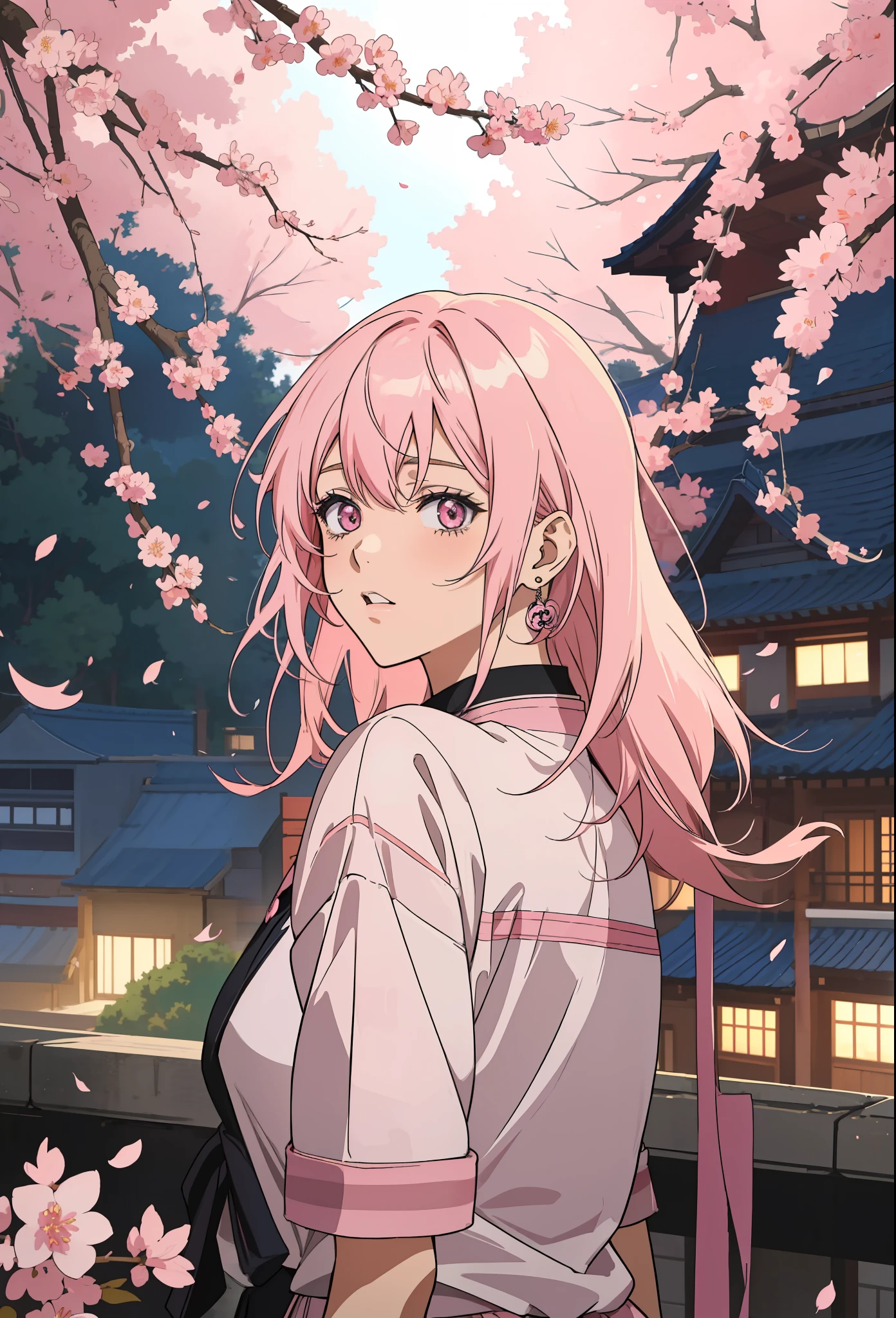 ((Anime style)), ((best quality)), ((masterpiece)), ((HDR+)), (best performance), (best lighting), (a college girl with pink Chanel hair with fringes), wearing a school uniform, in a [college road background on a Sakura tree falling petals], [Wlop], [Takehino Inoue], [Oh! Great]